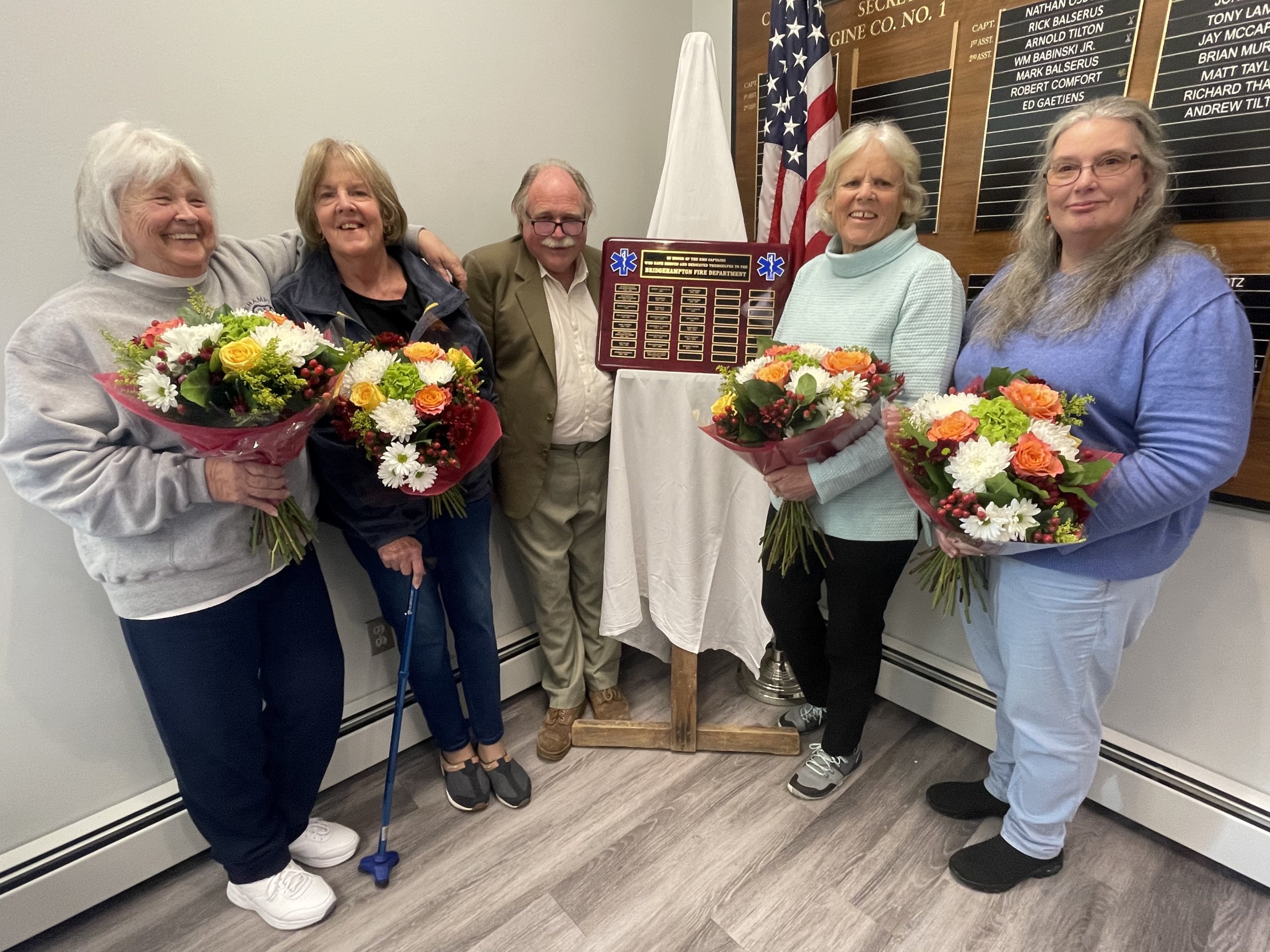 Bridgehampton Fire Department honorees Judy Edwards, Beryl (Ben) Buchholz, John N. White, Stacy Ludlow and Liz Grodski