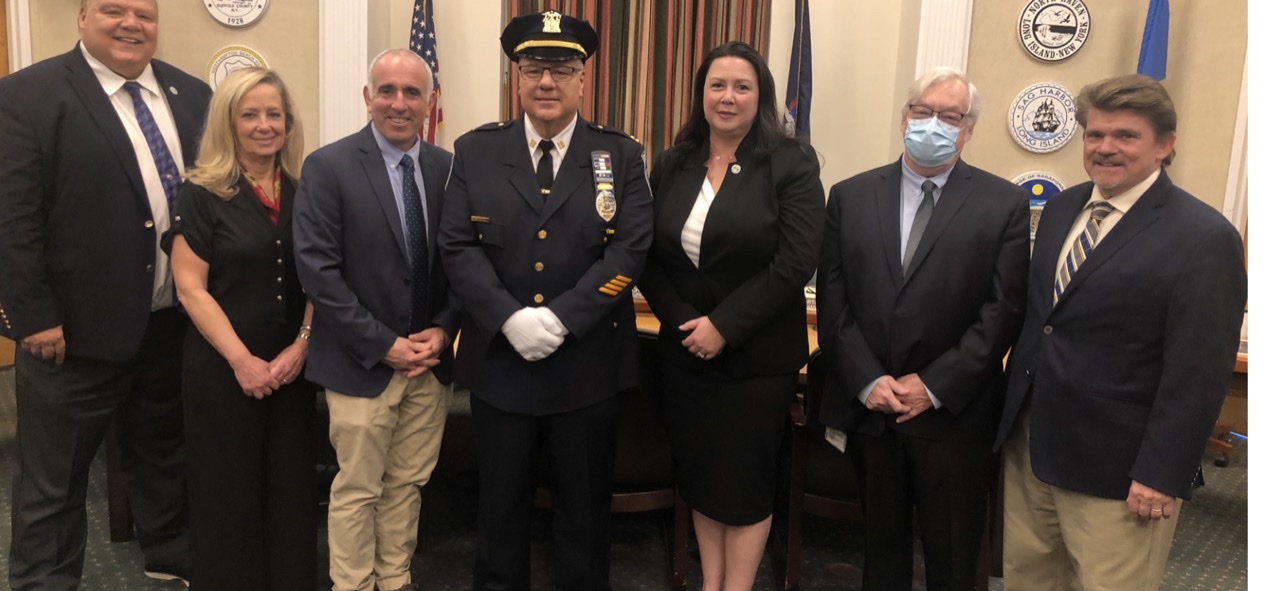 Councilman Rick Martel, Town Clerk Sundy Schermeyer, Supervisor Jay Schneiderman, Southampton Town Police Chief James Kiernan, Councilwoman Cyndi McNamara, Councilman John Bouvier, Councilman Tommy John Schiavoni