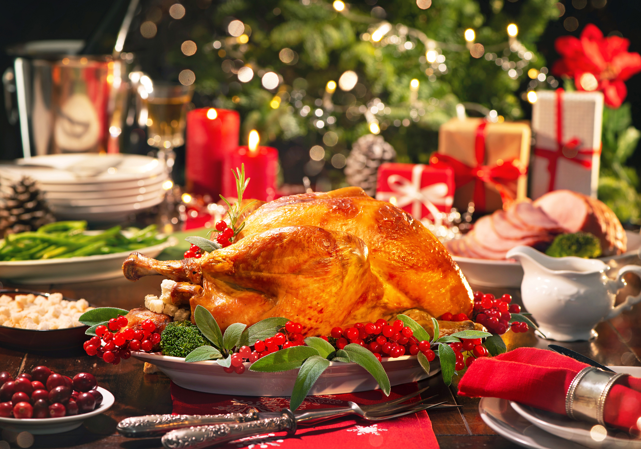 Christmas turkey dinner. Baked turkey garnished with red berries and sage leaves in front of Christmas tree and burning candles