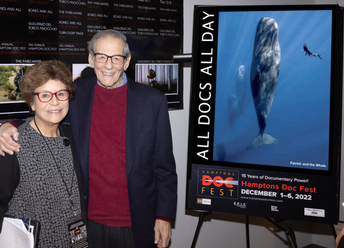 Hamptons Doc Fest Director Jacqui Lofaro with Robert Caro of Audience Award winner "Turn Every Page" at the film's December 4 Sag Harbor Cinema screening