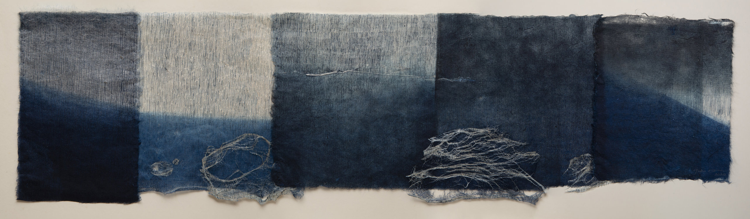 Yuko Kimura, "Little Waves," 2020,; etching, monotype on kōzo handmade paper and kōzo bark fiber lace, and thread