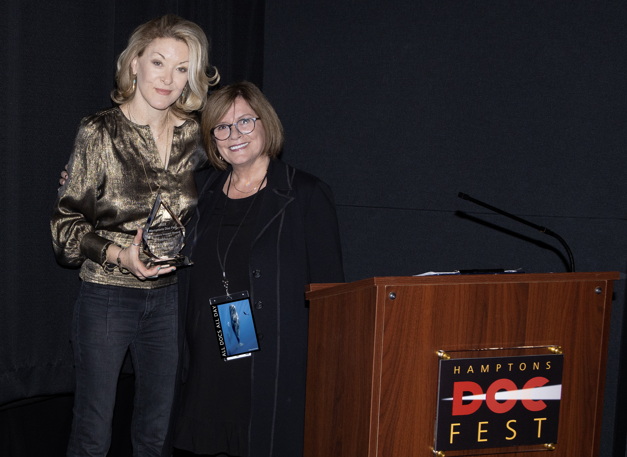 Ondi Timoner receives her award presented by Karen Arikian for "Last Flight Home"