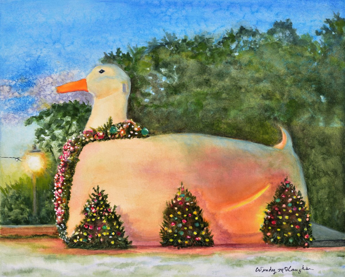 Wendy McLaughlin's art featured on the December 9, 2022 cover of Dan's Papers: "Iconic Long Island Big Duck in Flanders, NY Decorated For The Winter Holidays"