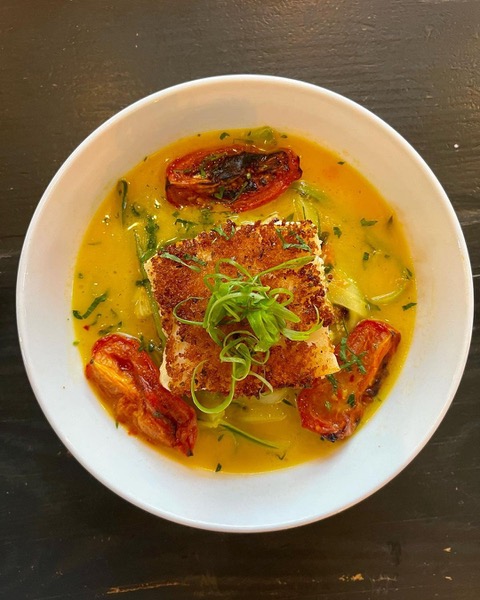 Cove Hollow’s panic crusted cod with zoodles, homegrown tomatoes, scampi broth