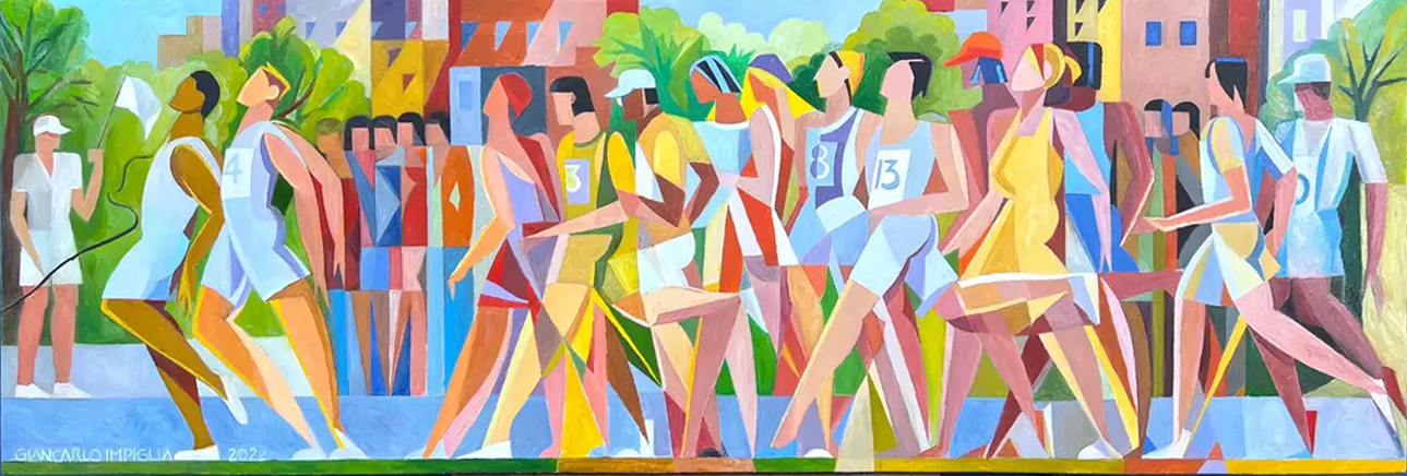 Giancarlo Impiglia's "Marathon" (2022, oil on wood, 18" x 48")
