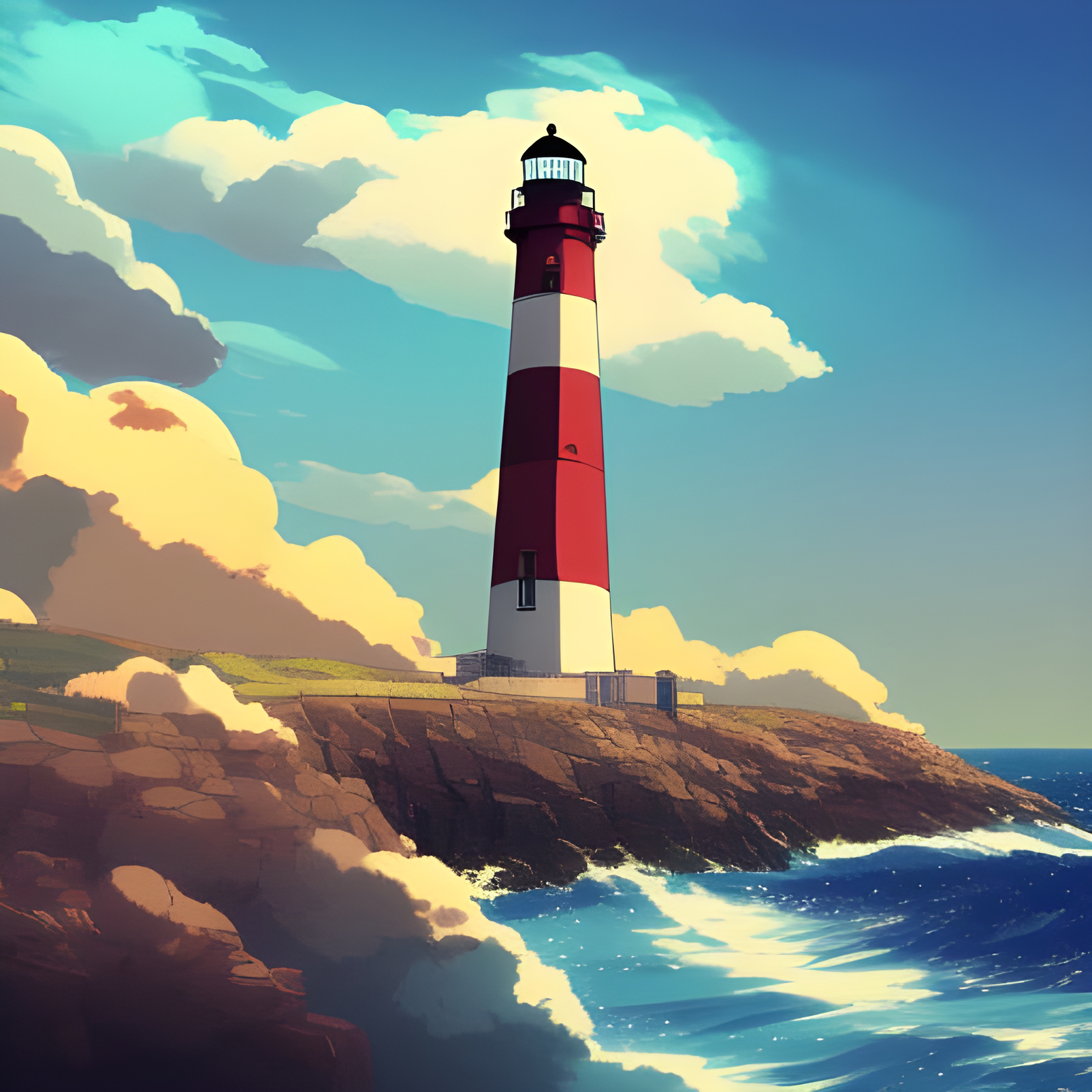 FULL RESOLUTION - Original Montauk Lighthouse AI art, before adding "large waves" - created by a computer on on NightCafe Studio with prompt by Oliver Peterson