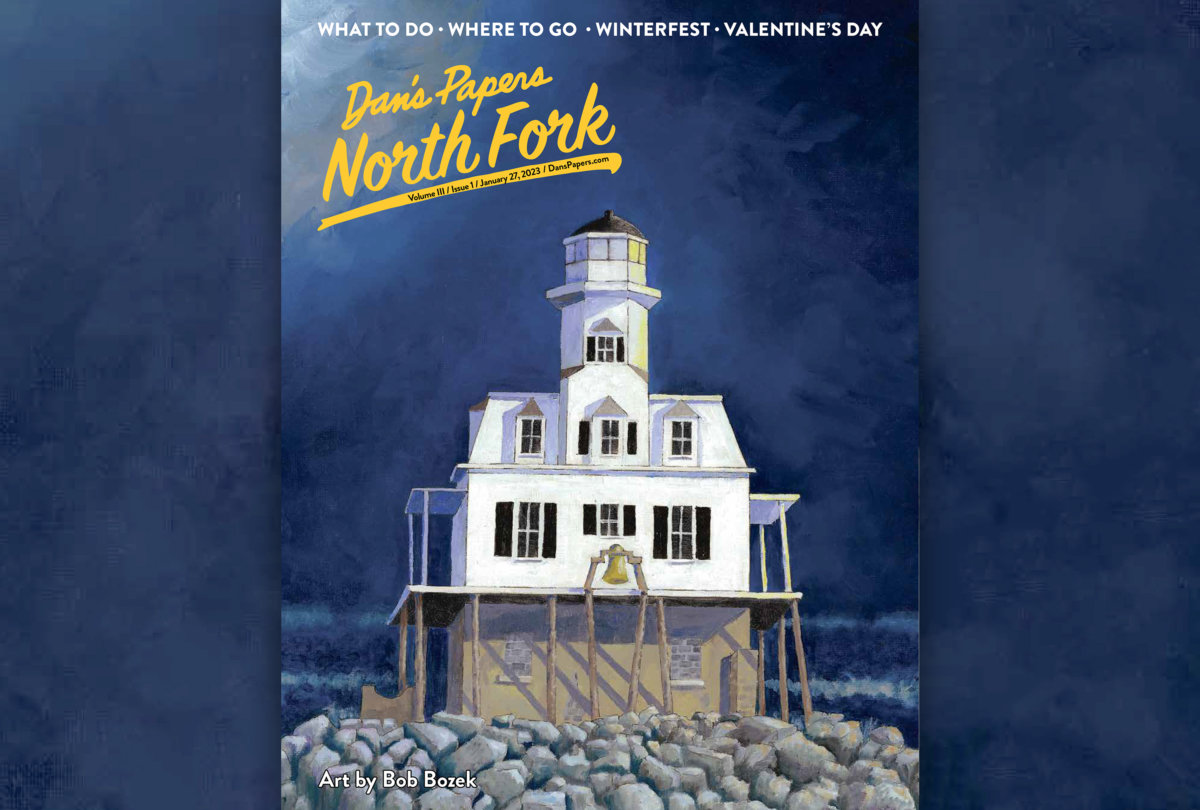 Dan's Papers North Fork January 27 2023 cover art by Bob Bozek featuring the Bug Light lighthouse