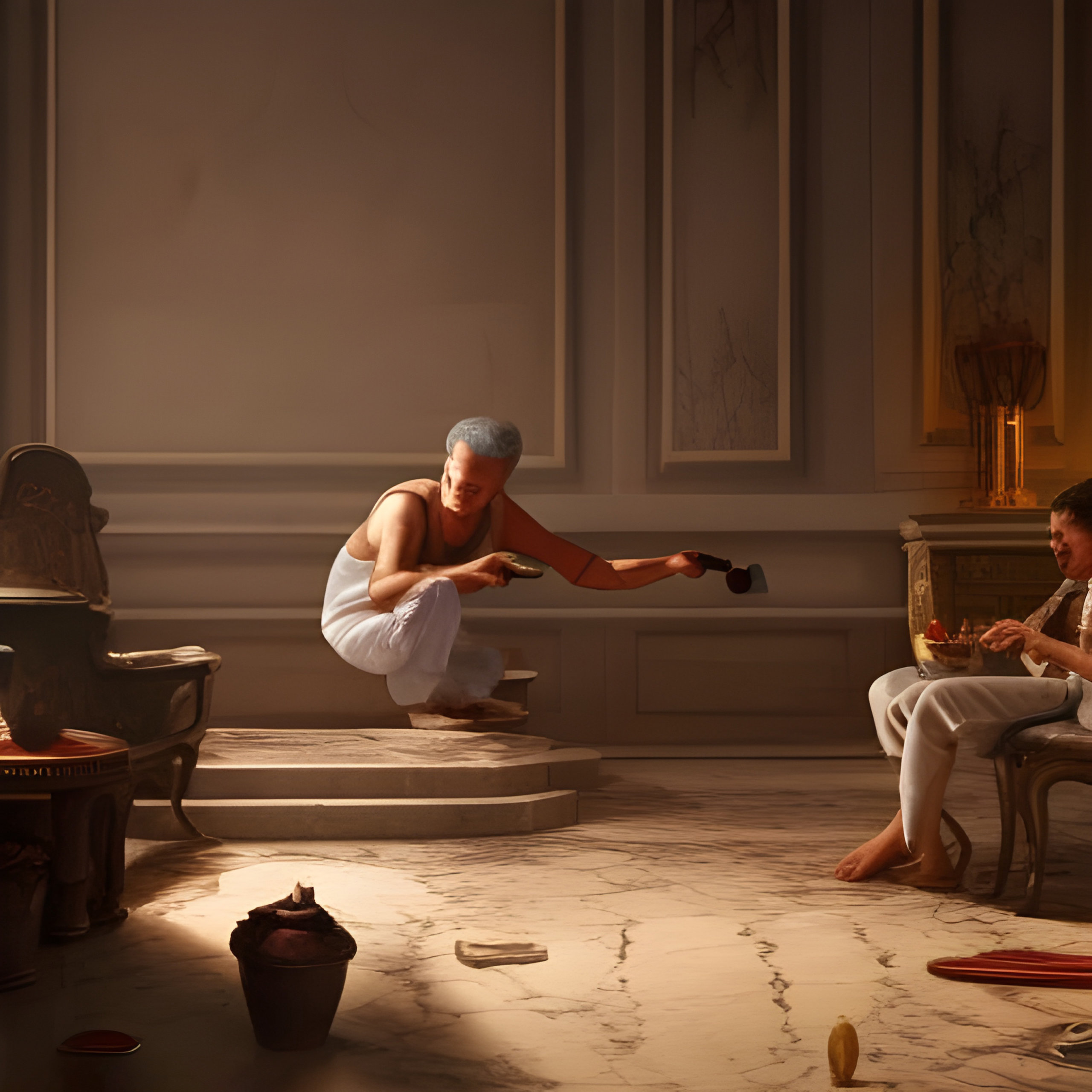 "Noble Man Child" AI artwork using the prompt "skinny snobby man plays with action figures on the floor of his marble palace as servants scurry around tending to his needs and offering fruit, wine and pillows" on NightCafe Studio