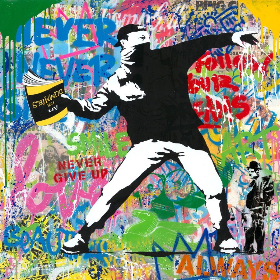 Mr. Brainwash's "Banksy Thrower" (2022, silkscreen and mixed media on paper, 36" x 36") is available at DTR Modern.