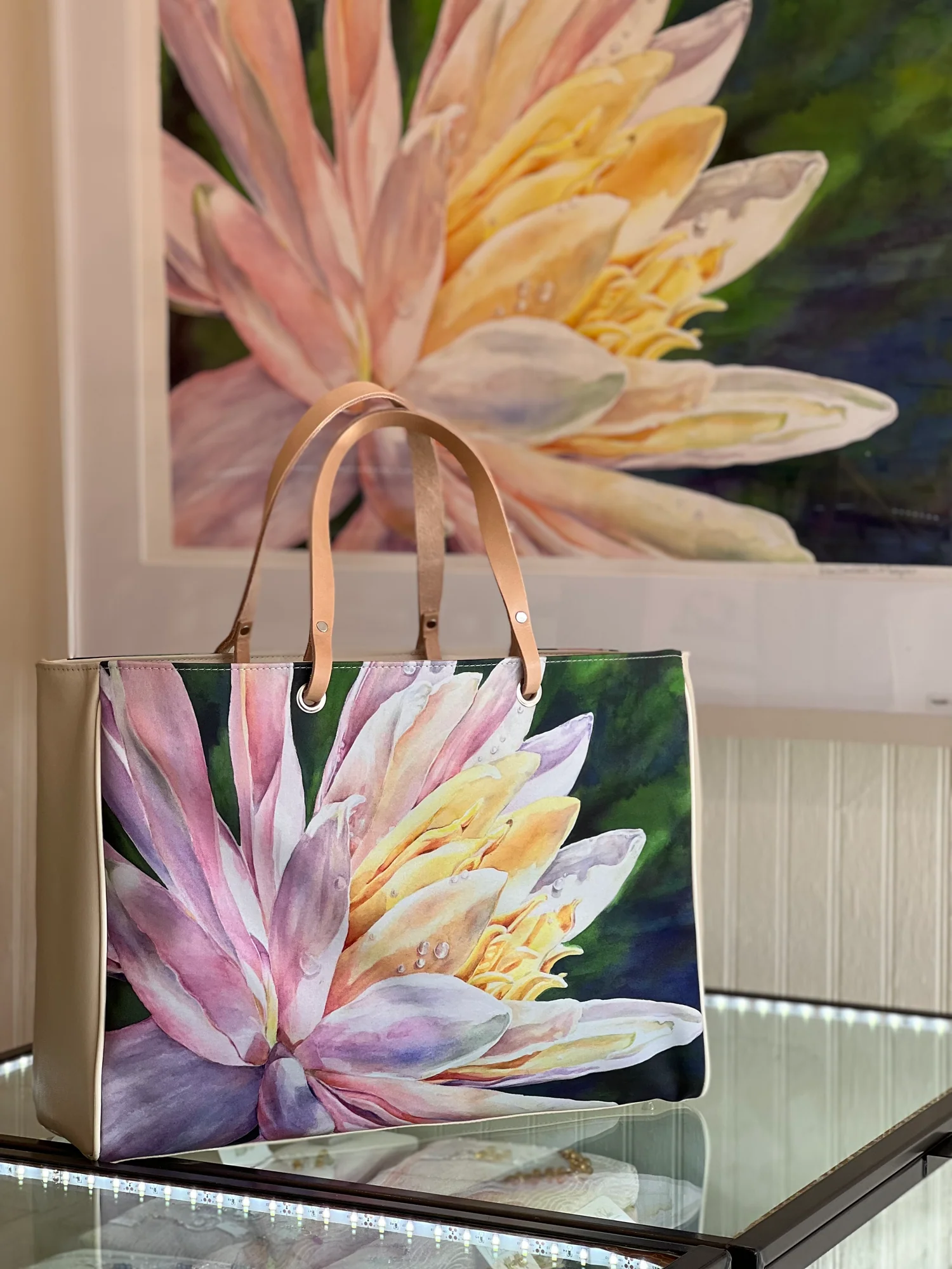 Garden of Silver "Hope" watercolor waterlily handbag