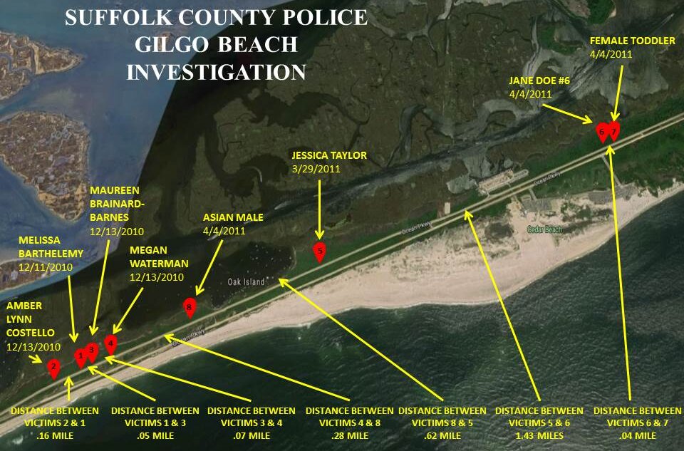 Suffolk County Police Department map showing where each body was found.