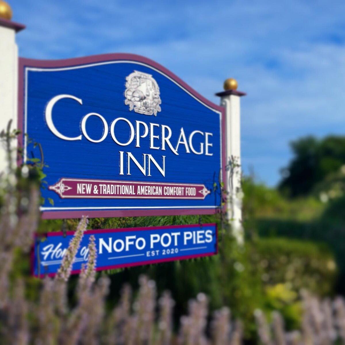 The sign welcoming all to Cooperage Inn and NoFo Pot Pies
