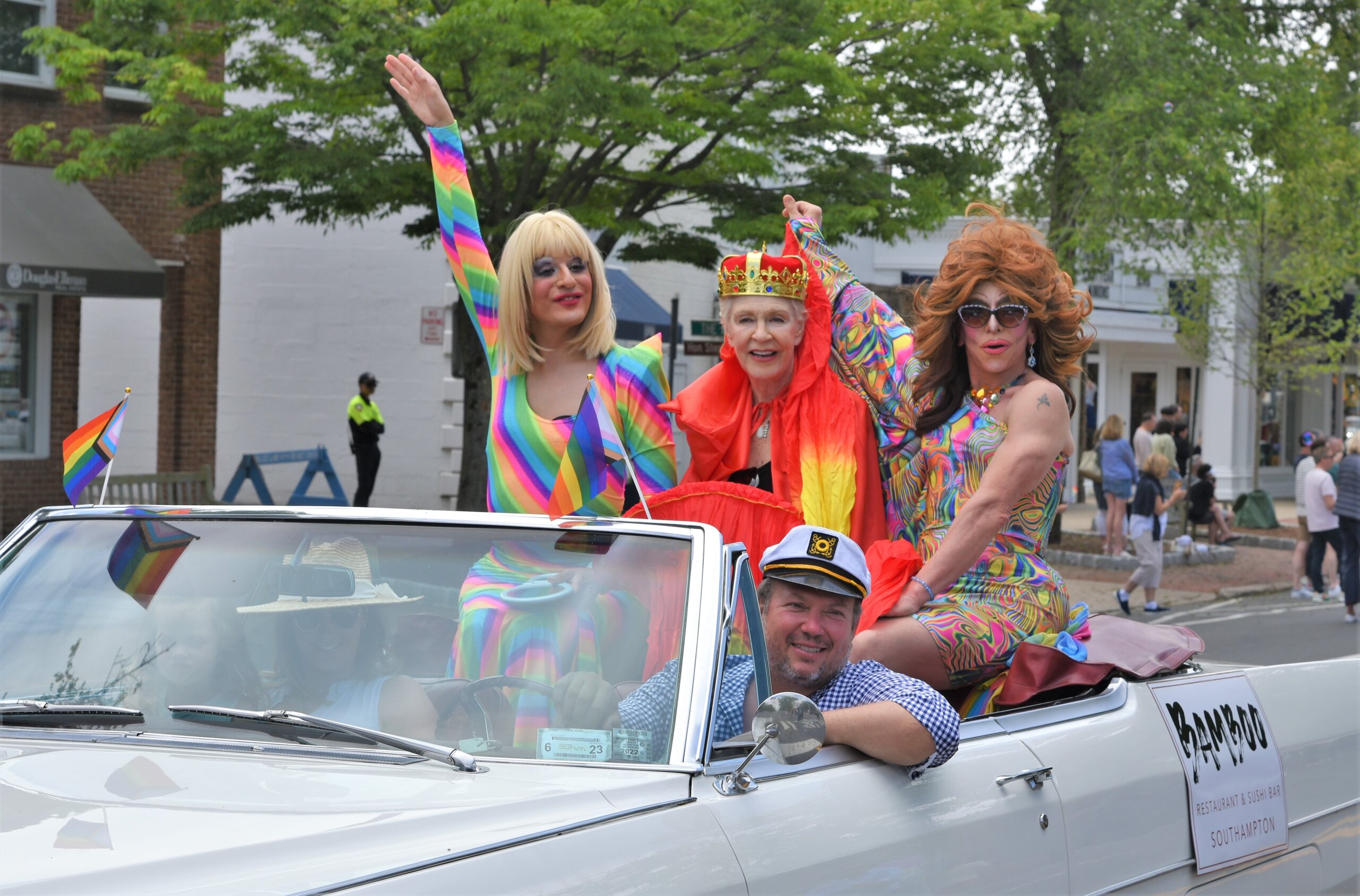 The Bamboo car in the 2022 Hamptons Pride Parade, starring divas RaffaShow and Rusty Nails
