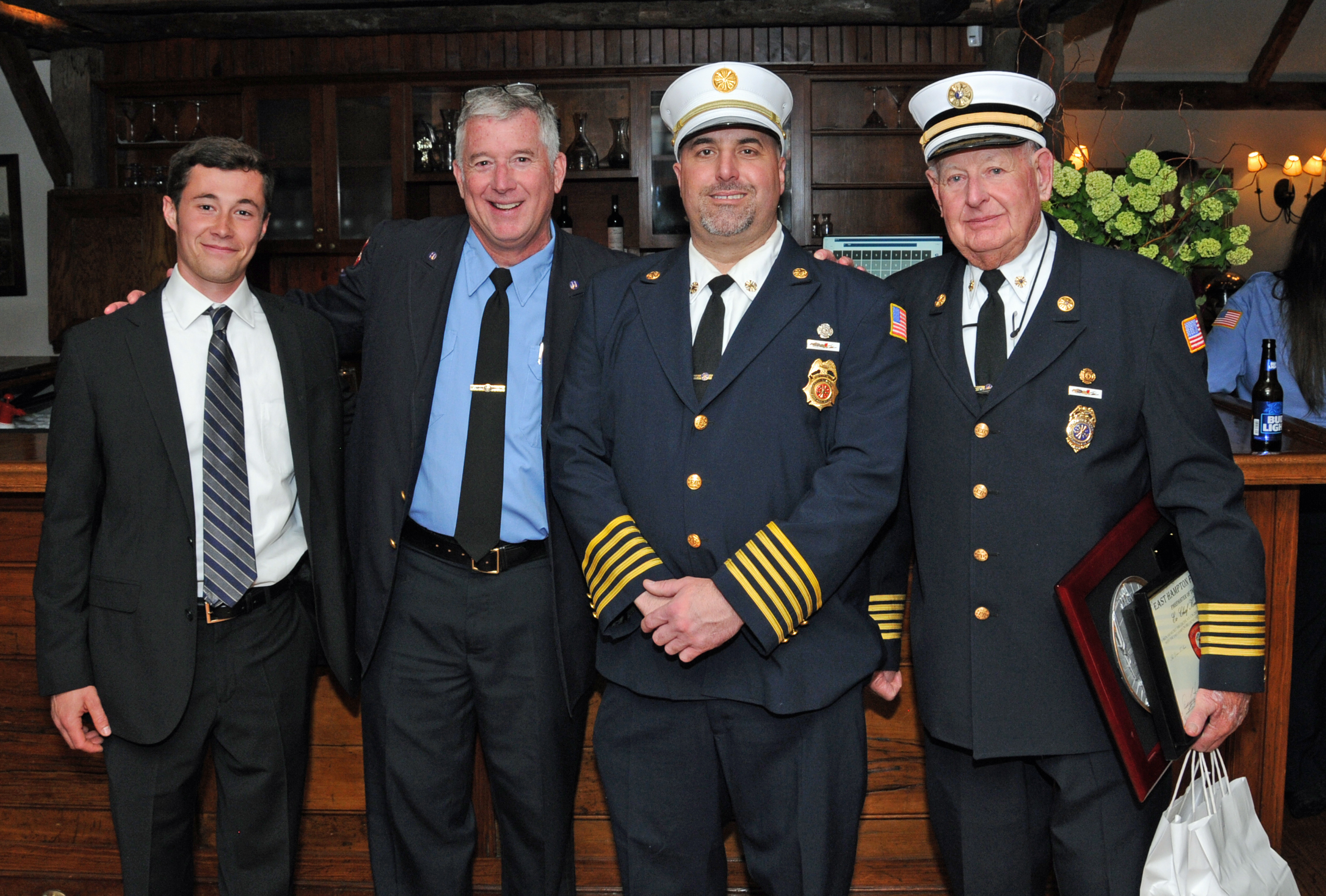 Austin Brown, EHFD Captain 2022 Officer of the Year Greg Brown, EHFD Chief Duane Forrester, EHFD Ex-Chief 2022 Fireman of the Year Ken Brown at the East Hampton Fire Department Awards Dinner