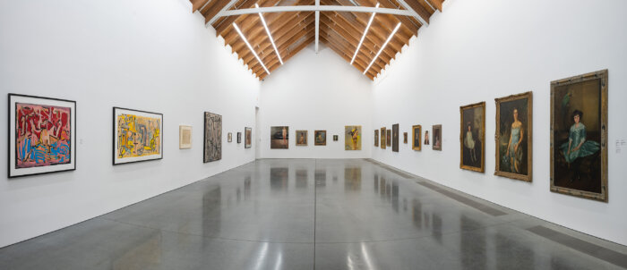 Installation View of Artists Choose Parrish, Part I B, featuring work by Claude Lawrence (left wall) and Eric Fischl (right and rear walls) shown with collection works selected by the artists. Photo: Gary Mamay