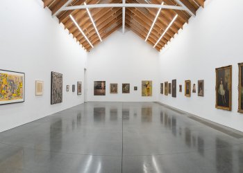 Installation View of Artists Choose Parrish, Part I B, featuring work by Claude Lawrence (left wall) and Eric Fischl (right and rear walls) shown with collection works selected by the artists. Photo: Gary Mamay