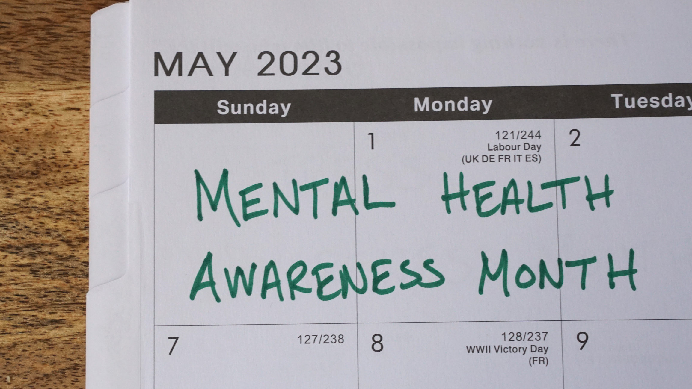 Mental Health Awareness Month marked on a May 2023 calendar.