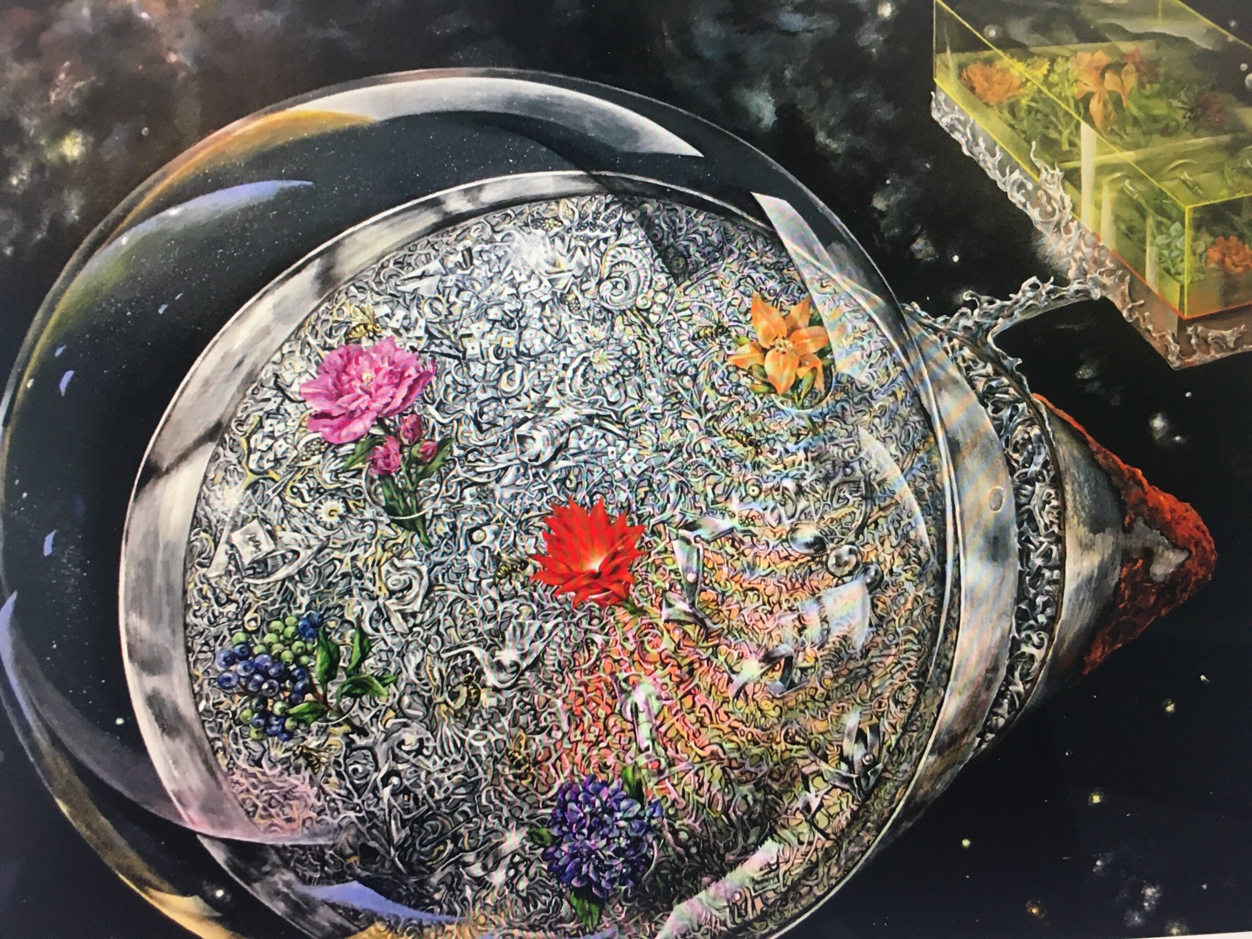 Anna Jurinich's "Earthly Flowers and Alien Silver" (acrylic, 25" x 34")