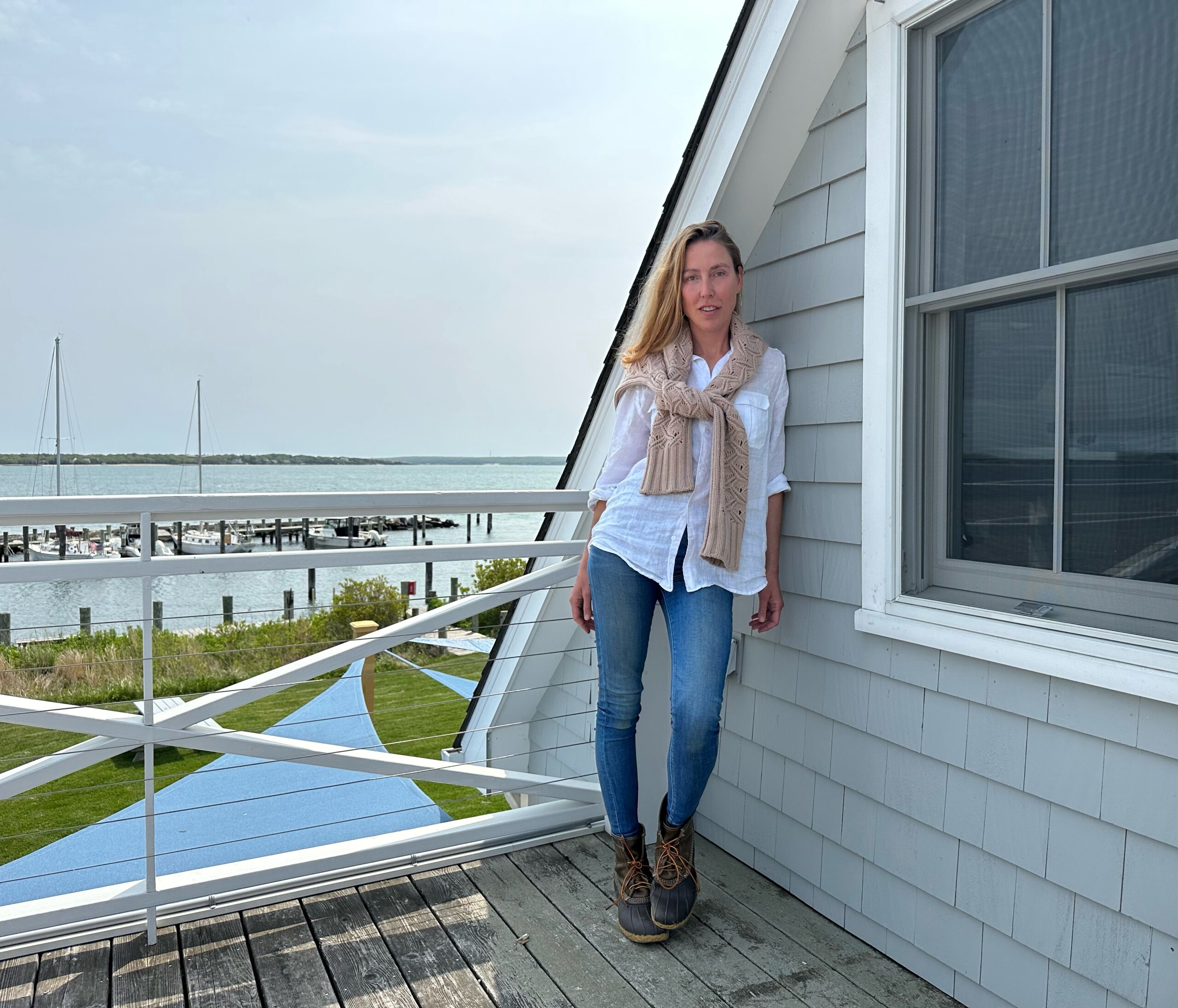 Andrea Tese outside her new Minnow waterfront seafood "shack" in New Suffolk