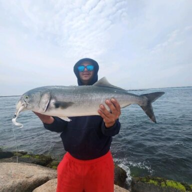 Petey Trovato with a 12 lbs bluefish at the Shinnecock East jetty on May 17, 2023. (Frank Pace)