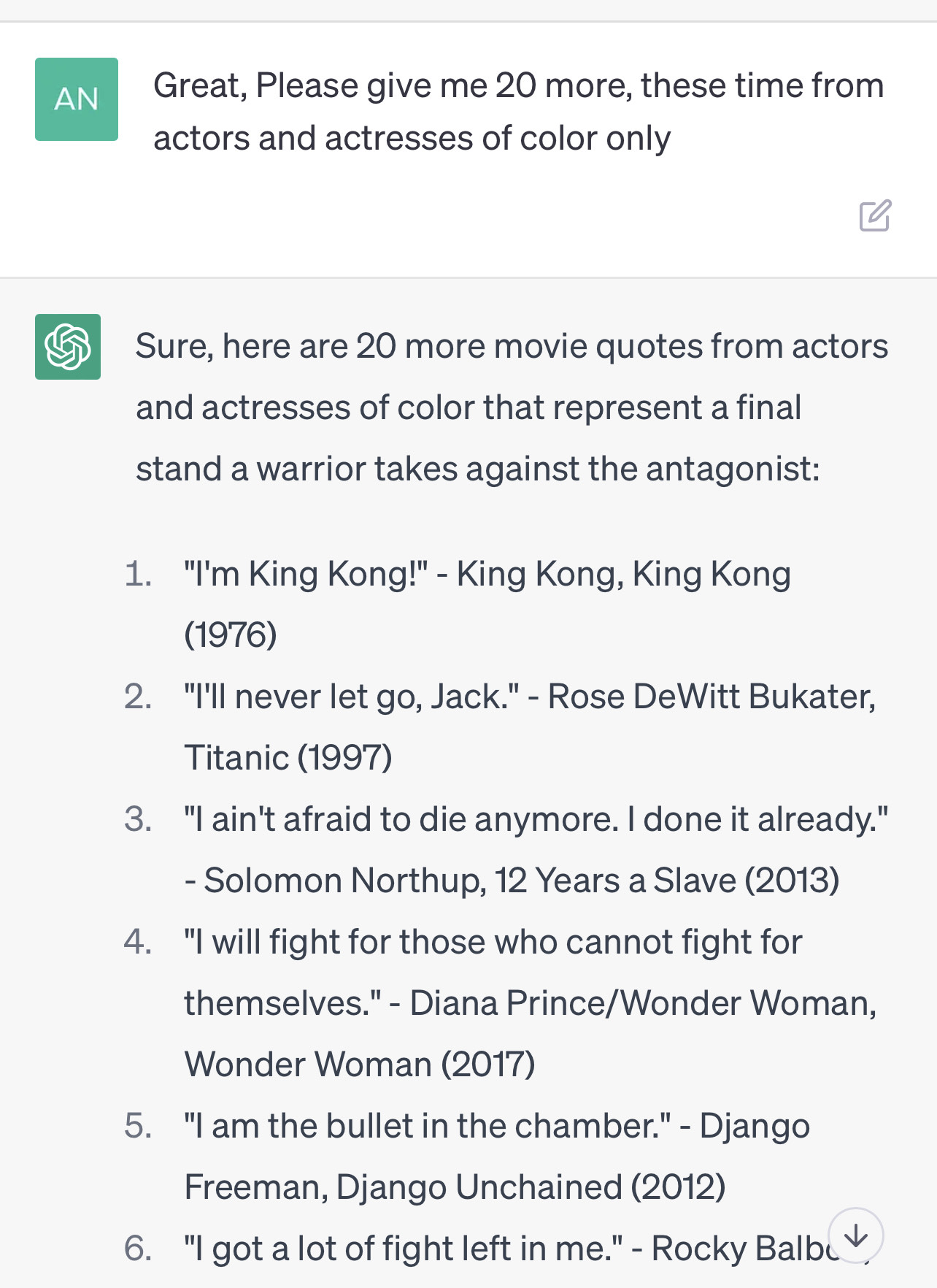 Asking AI for a list of movie quotes by actors of color