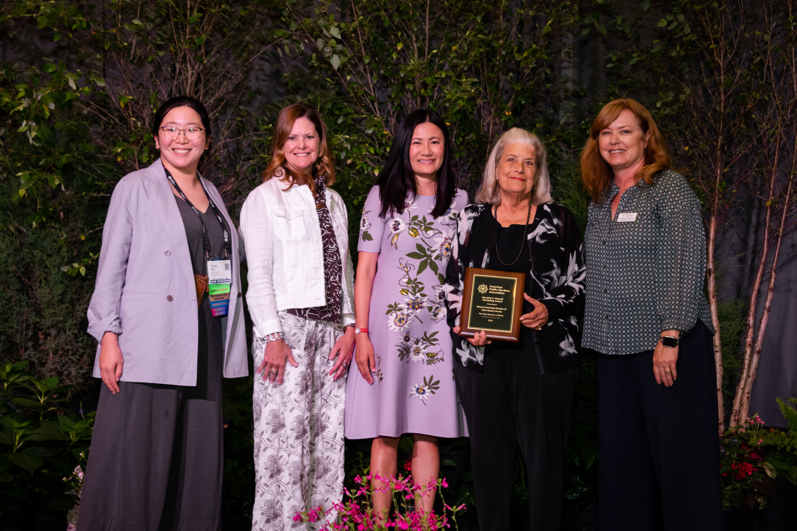 Mounts Botanical Garden received the Dorothy E. Hansell Marketing Award from the American Public Gardens Association at annual APGA conference in Fort Worth, Texas. (L-R: 2023 APGA Awards Committee Co-Chair Tracy Qiu, Mounts Associate Director of Marketing & Communications Misty Stoller, Mounts Curator-Director Rochelle Wolberg, Mounts Board Member and Past President Paton White, APGA President Michelle Provaznik.