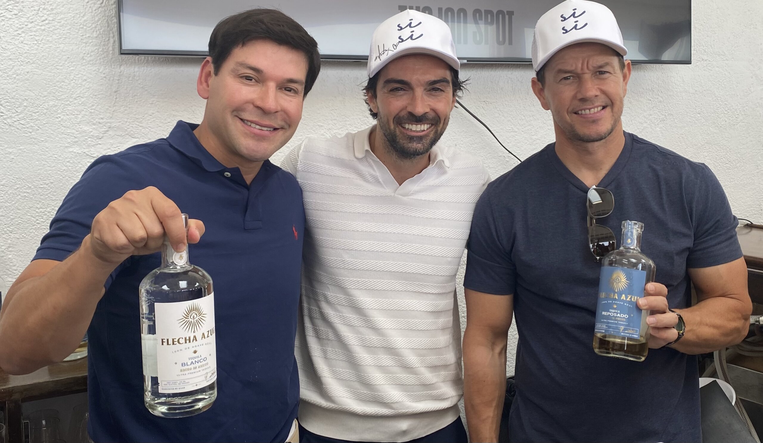 L. to R.: Flecha Azul Tequila cofounder Aron Marquez, EHP Resort & Marina Partner Piero Zangarini and actor Mark Wahlberg at Si Si on Sunday, June 11, 2023
