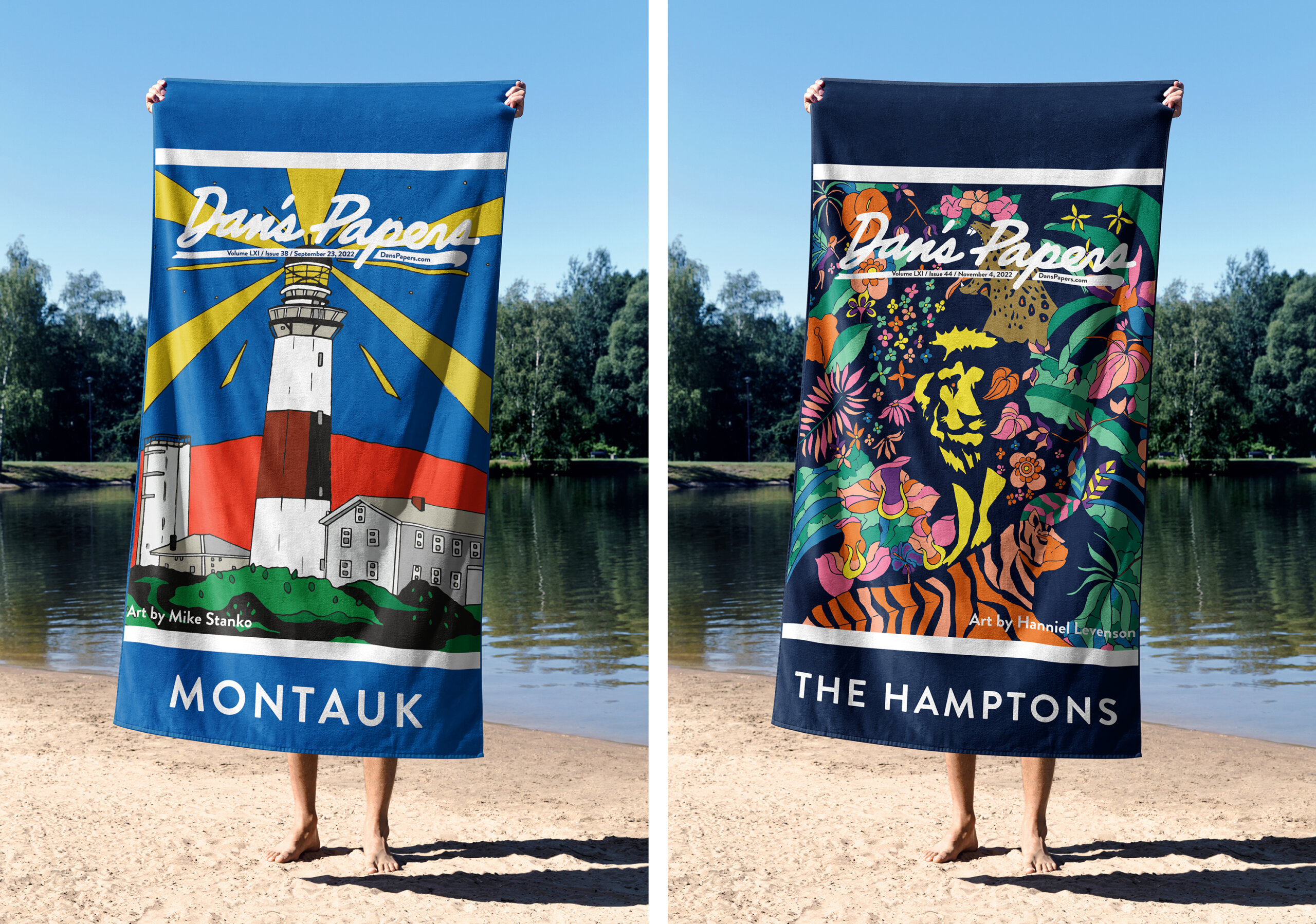 Dan's Papers beach towels featuring Montauk and Hamptons cover art by Mike Stanko and Hanniel Levenson