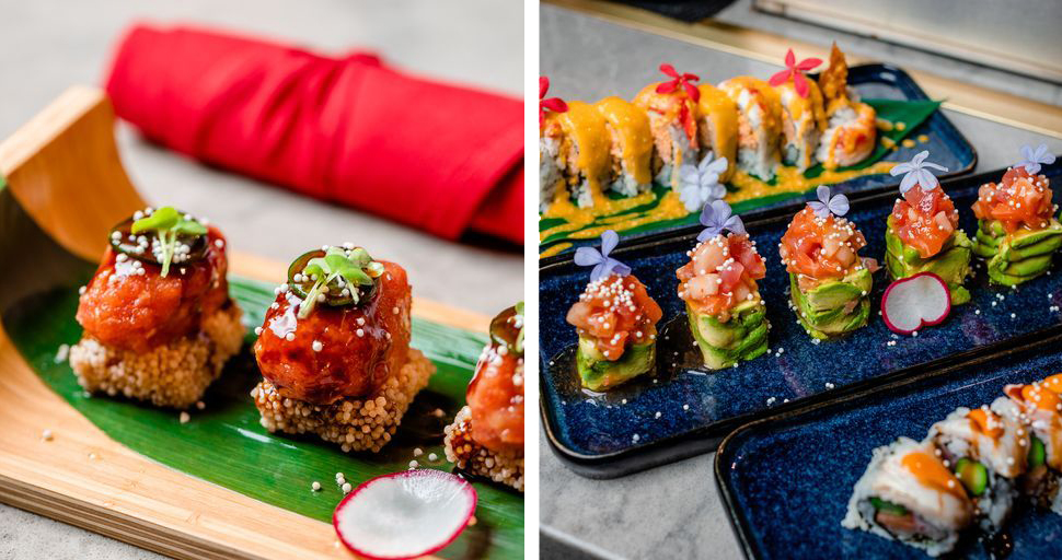 (Left) Spicy Tuna Biscuit and (right) Yakitori King, Sexy Lady and Triple Sexy at Yakitori Sushi House in Delray Beach