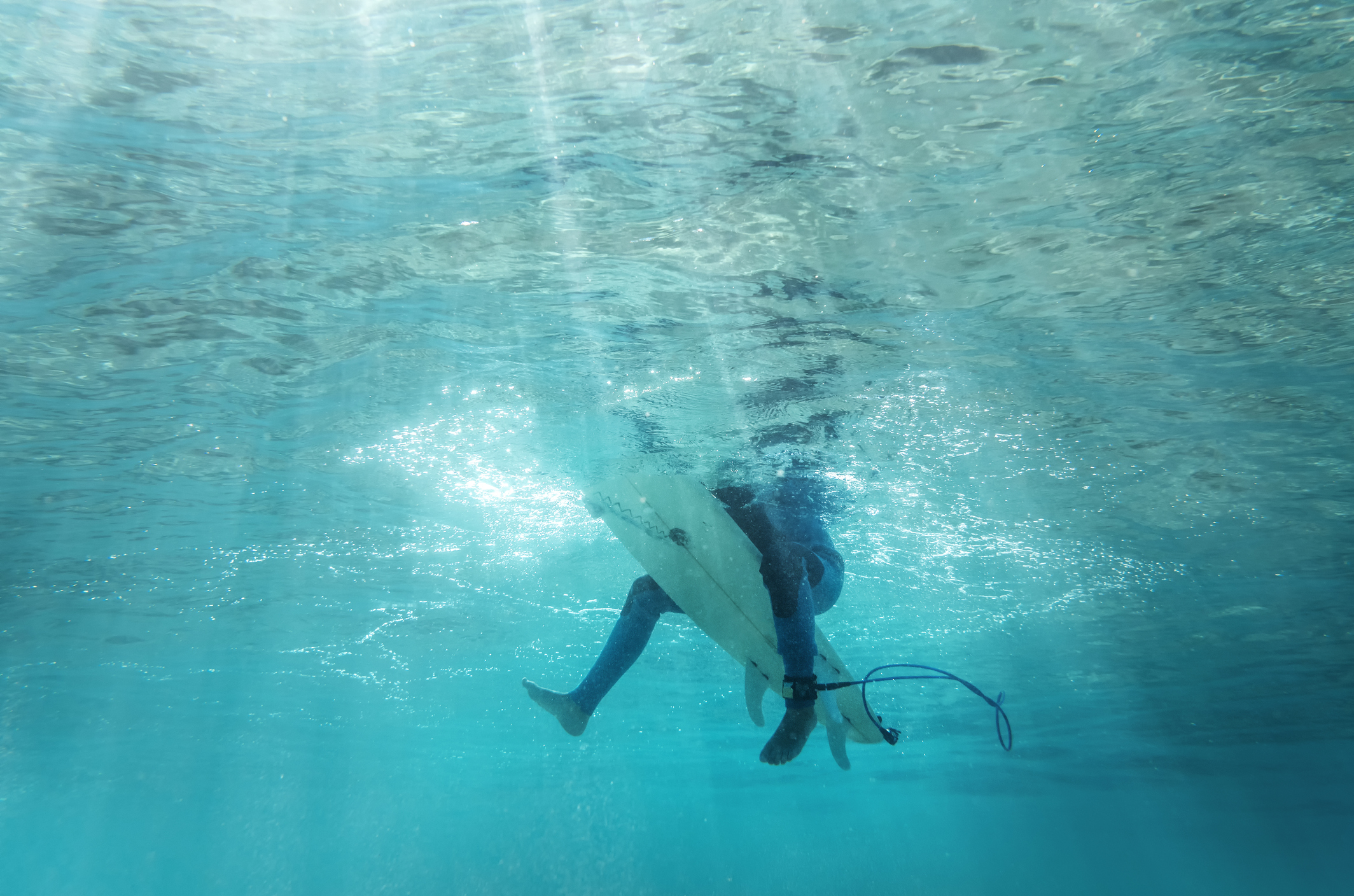 Underwater view of a surfer, as a shark would see before shark attack