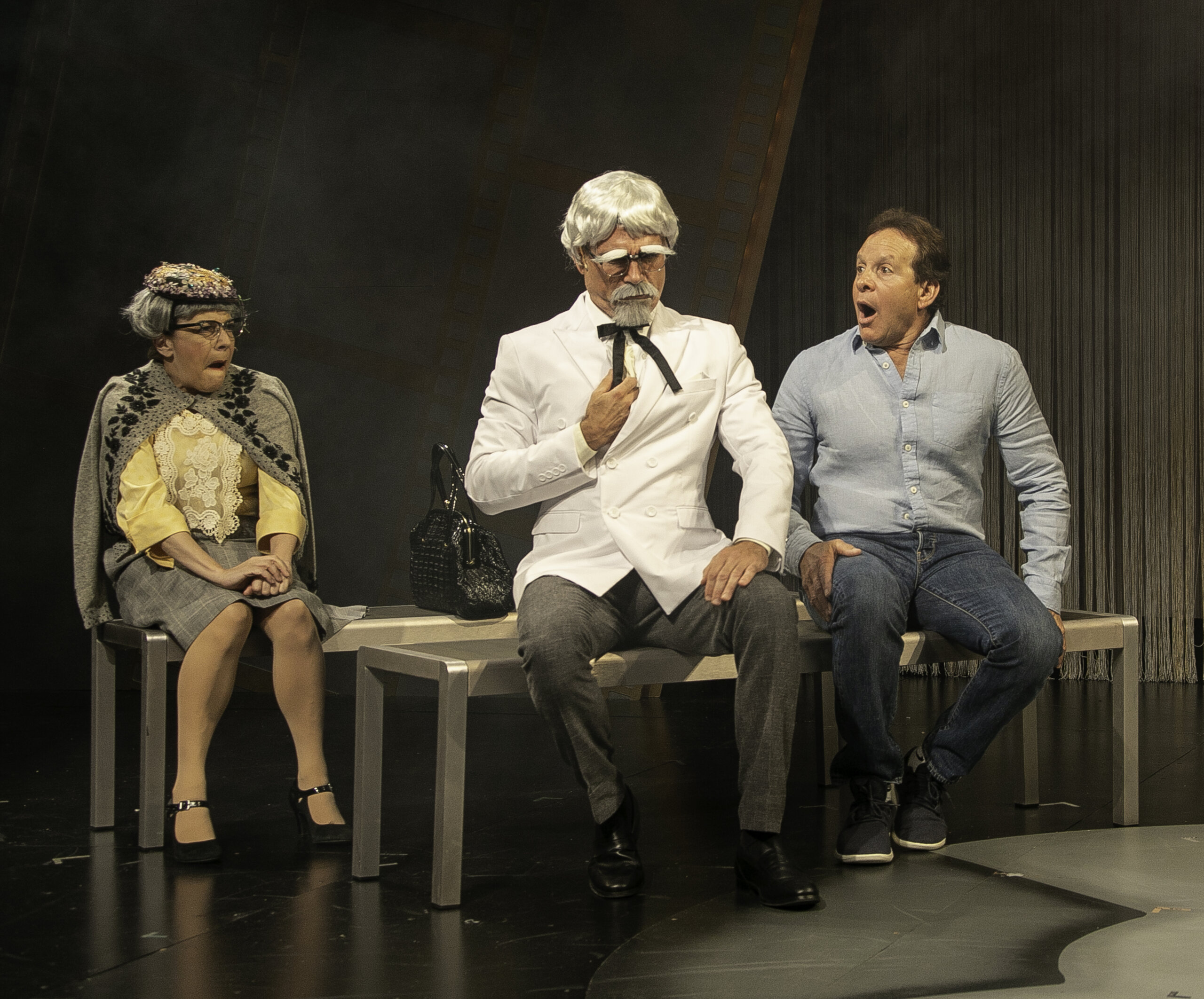 Carine Montbertrand, Dan Domingues and Steve Guttenberg in "Tales from the Guttenberg Bible" at Bay Street Theater