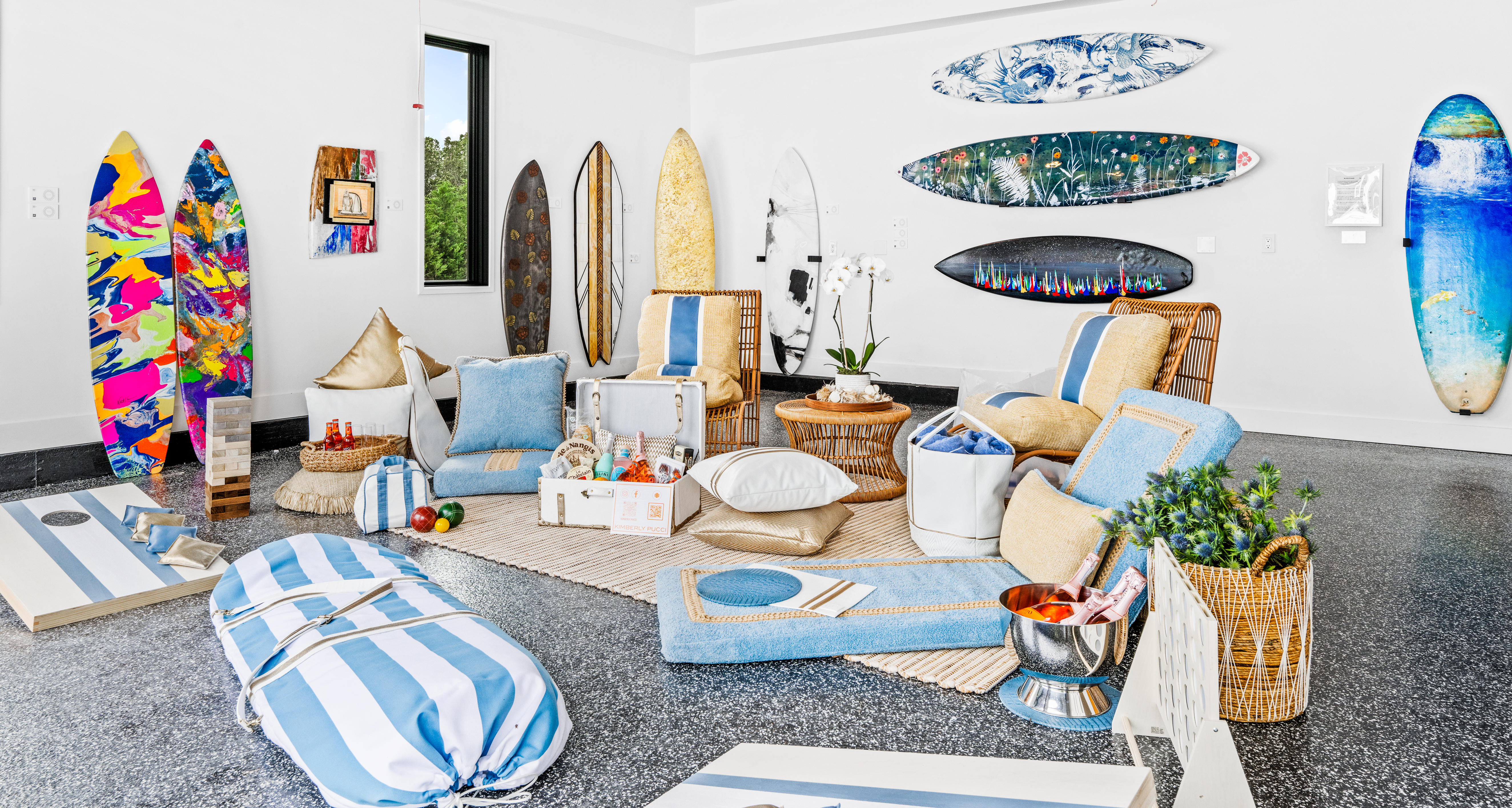 Art surfboards on display at the Hamptons Holiday House