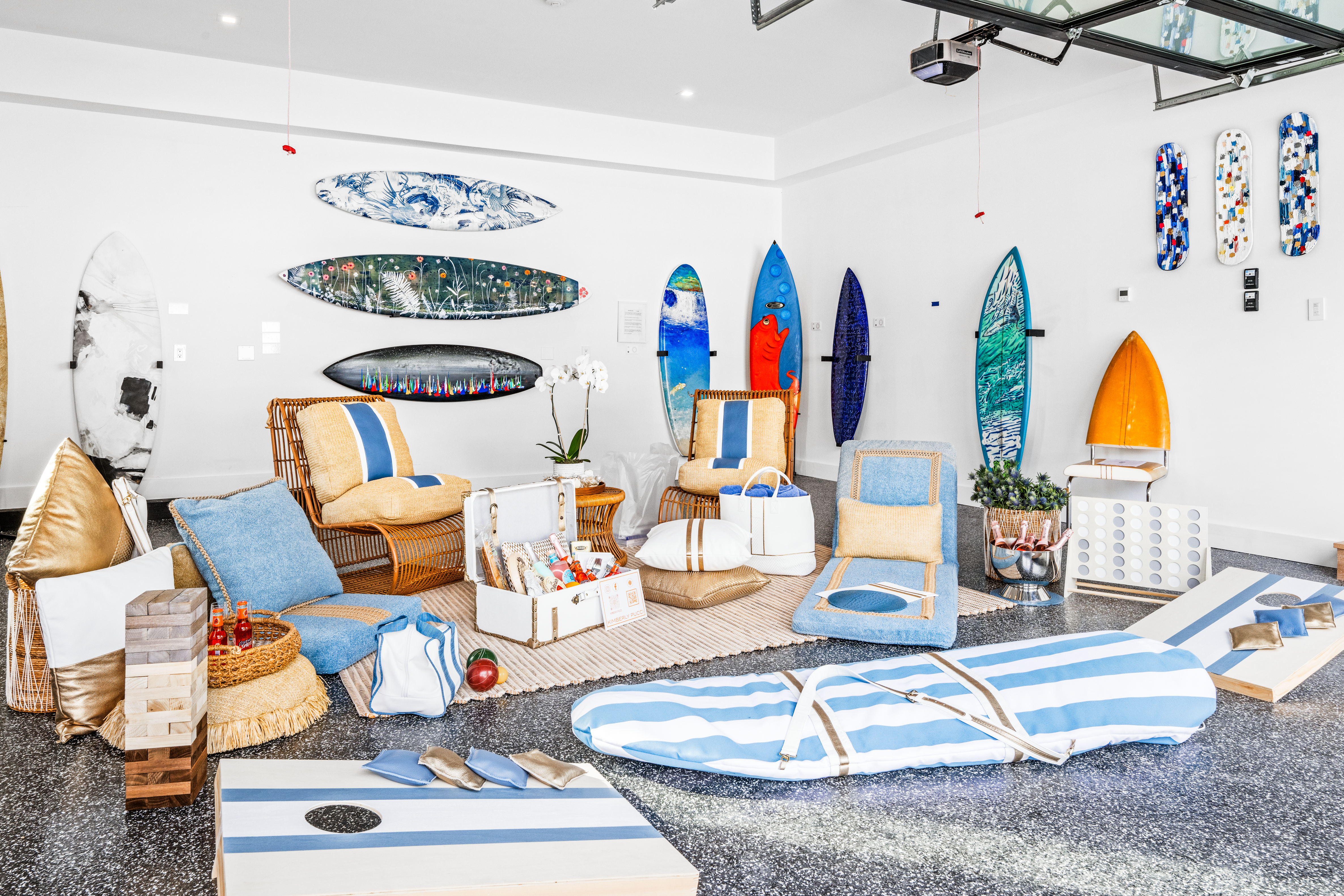 Art surfboards on display at the Hamptons Holiday House