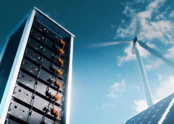 The picture shows the energy storage system in lithium battery modules, complete with a solar panel and wind turbine in the background. 3d rendering. battery