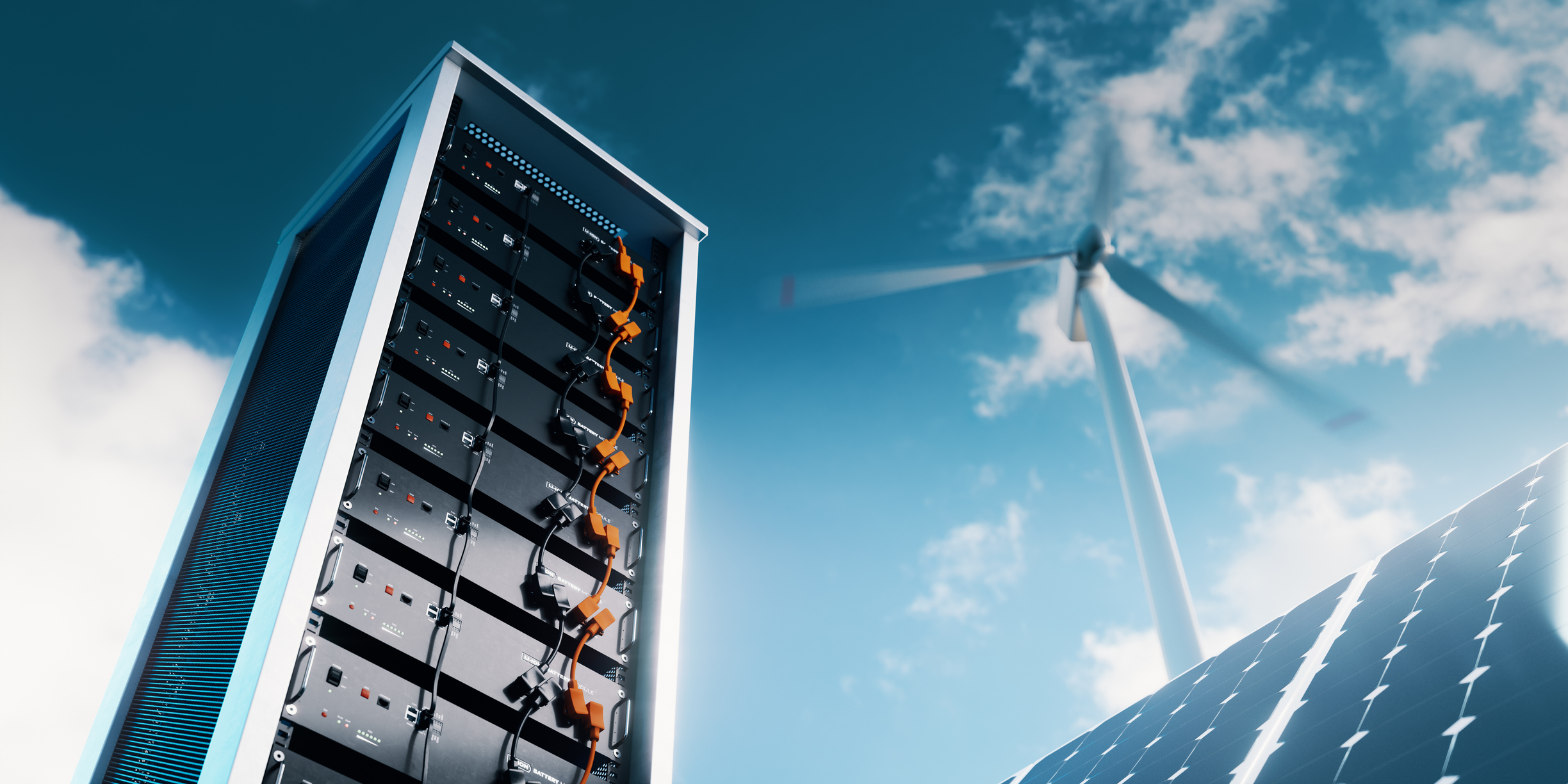 The picture shows the energy storage system in lithium battery modules, complete with a solar panel and wind turbine in the background. 3d rendering. battery
