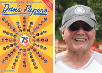 Walter Bernard and his August 18, 2023 Dan's Papers cover art for the 2023 Artists & Writers Charity Softball Game