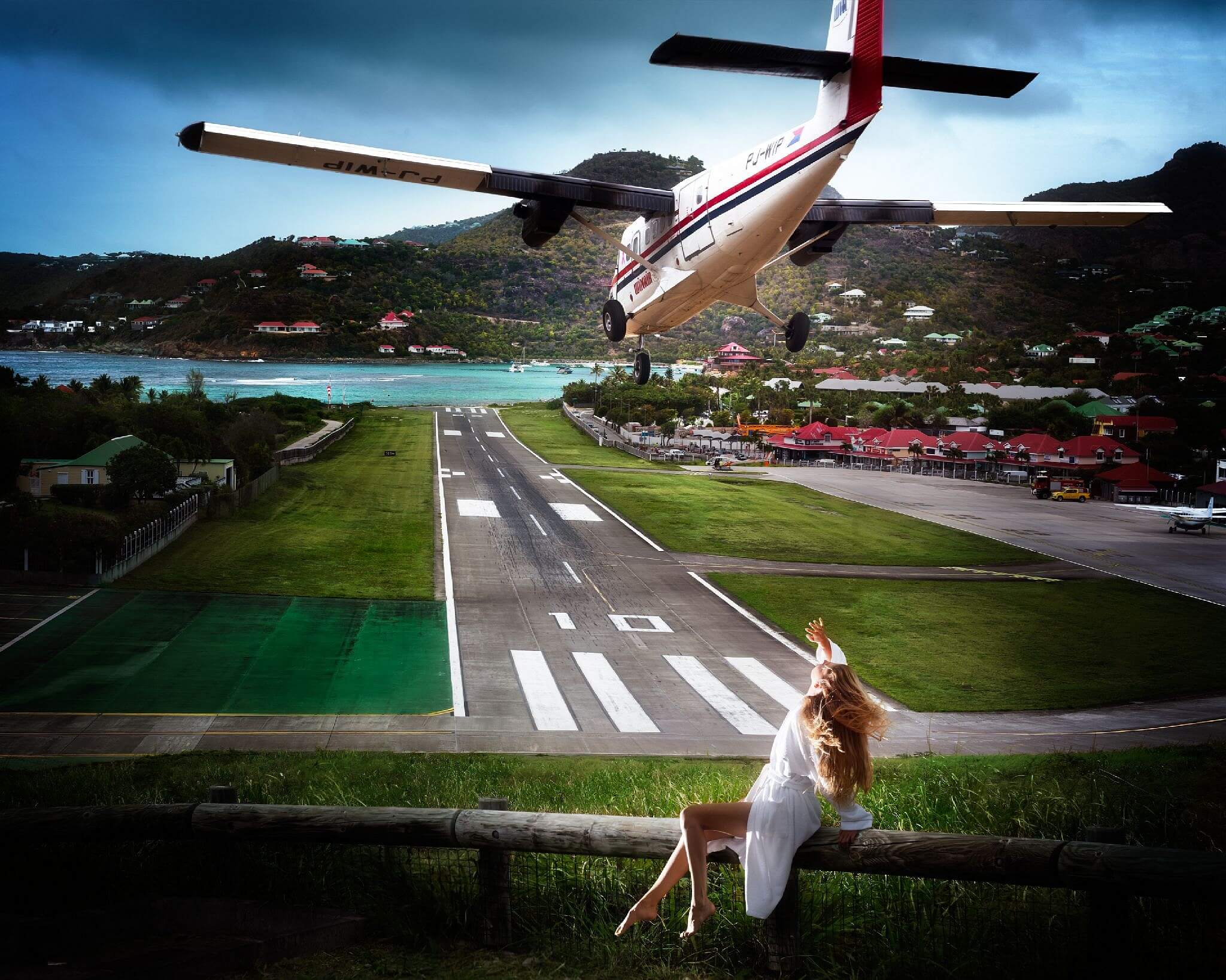 David Drebin "Risky Landing" (2022, digital C print, 48" x 60"), available at Contessa Gallery