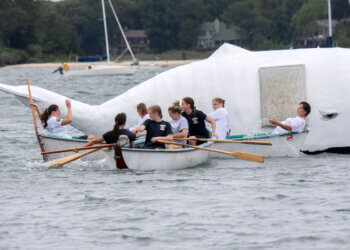 The Corner Bar and Lady Whalers women's whaleboat teams competing at HarborFest 2018