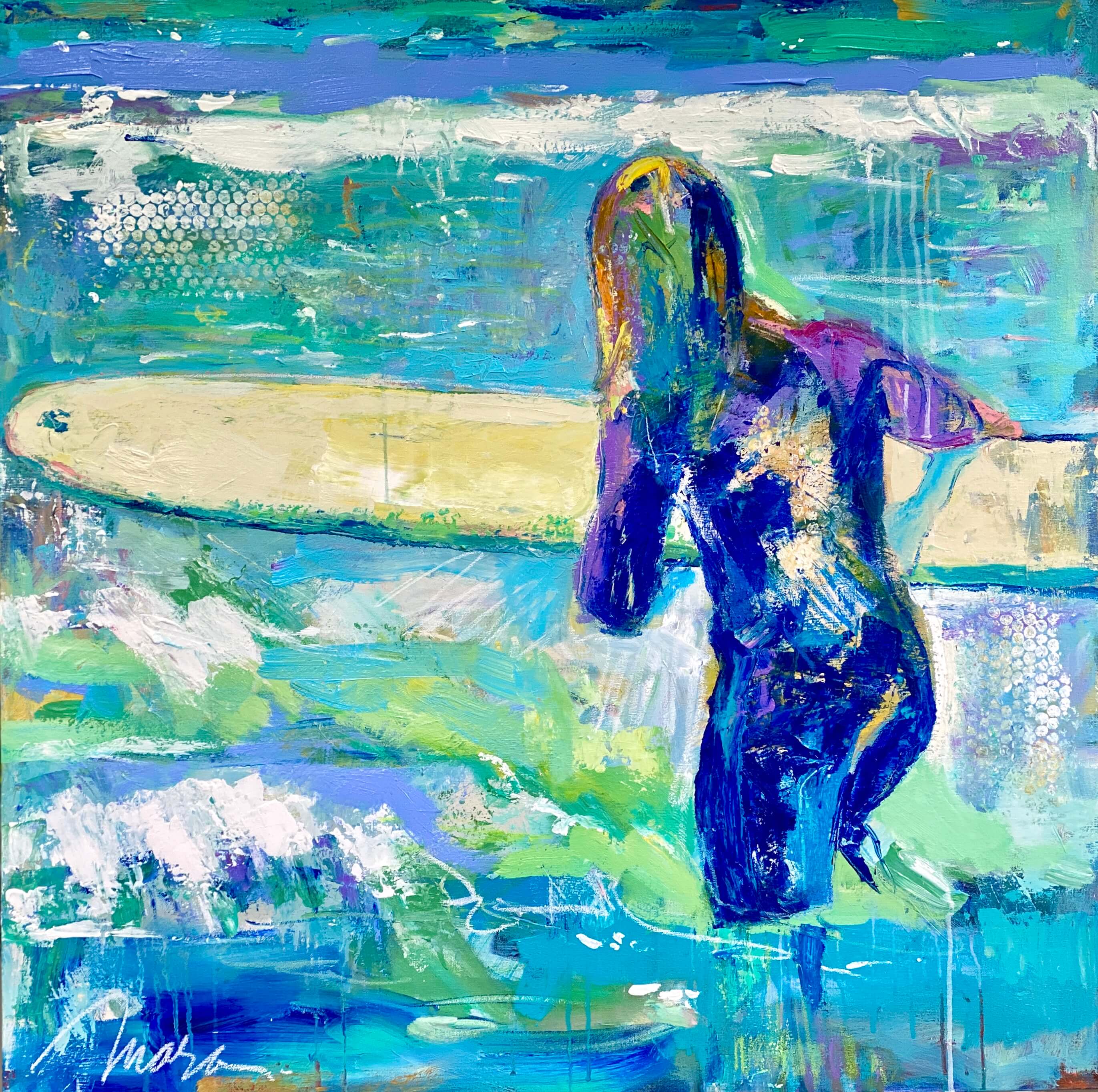 Lynn Mara's "Surfer Girl" (private collection, acrylic and oil pastel on canvas, 36" x 36")