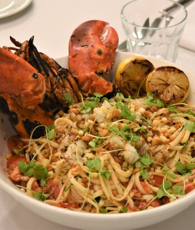 The grilled lobster and linguini at Duryea’s Orient Point