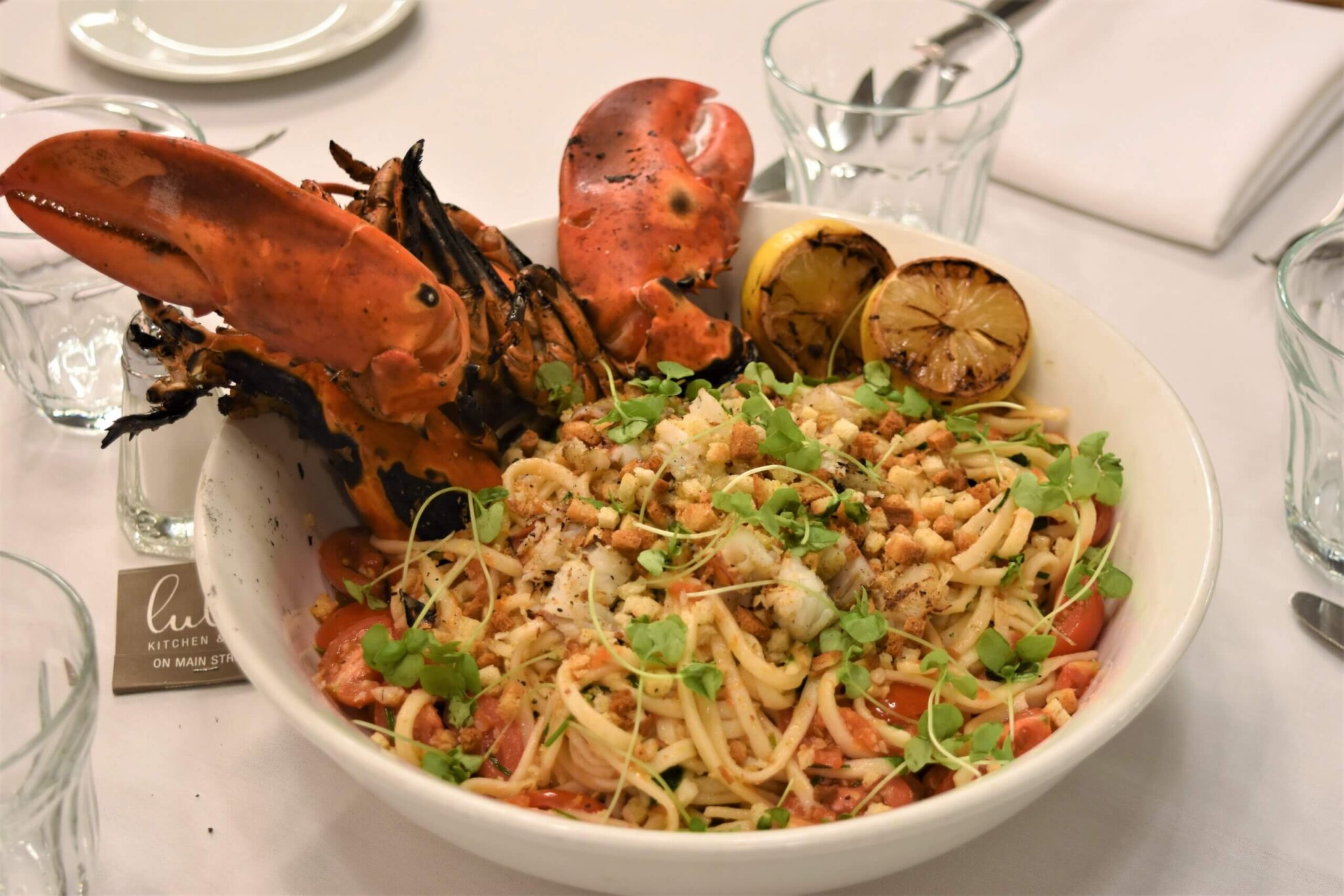 The grilled lobster and linguini at Duryea’s Orient Point