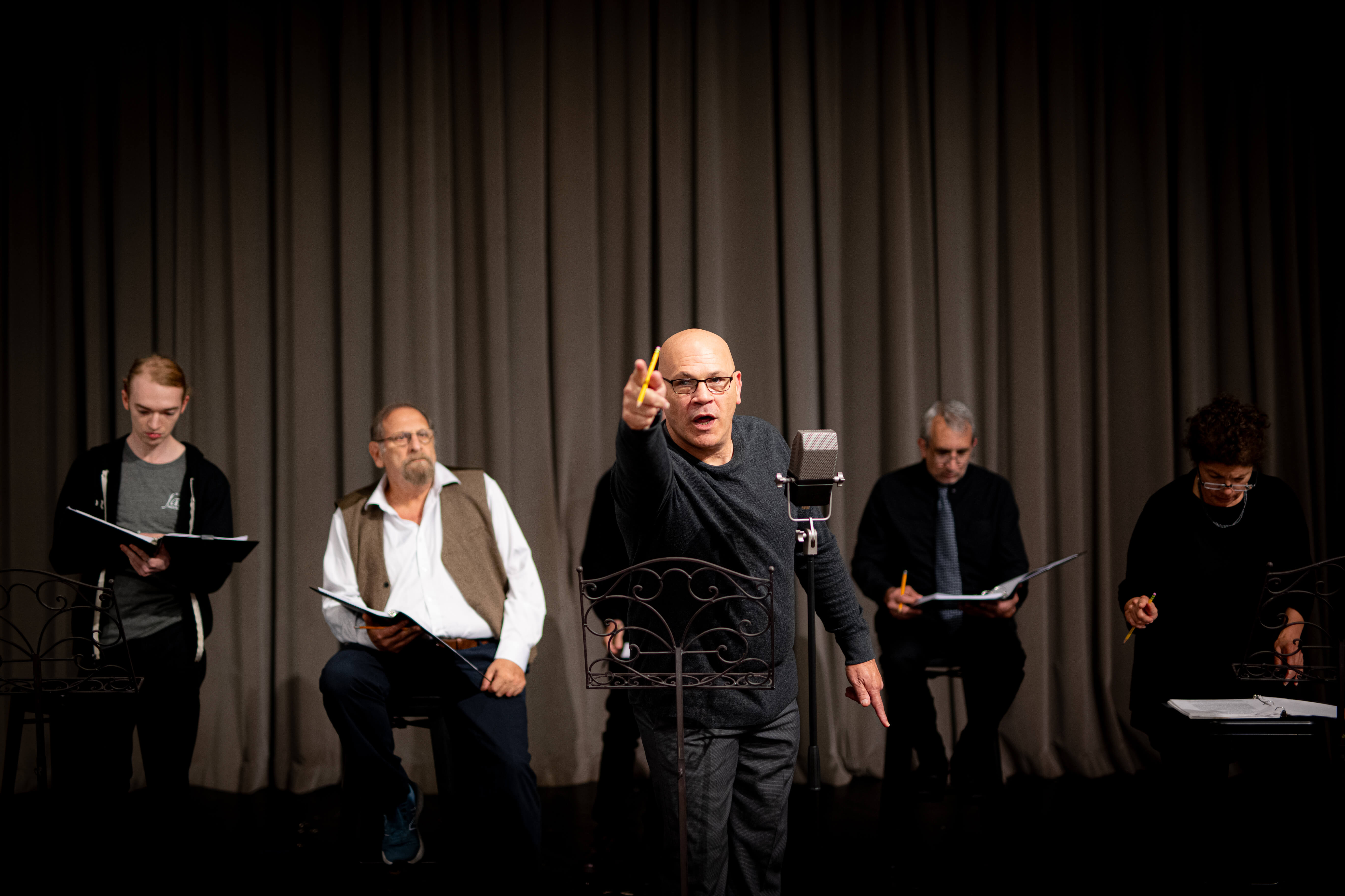 "War of the Worlds: The Panic Broadcast" cast in rehearsal at the Southampton Arts Center