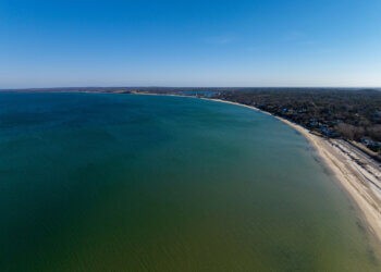 An aerial of the sandy Meschutt Beach and the Great Peconic Bay on Long Island on a sunny day - great for seaweed growth