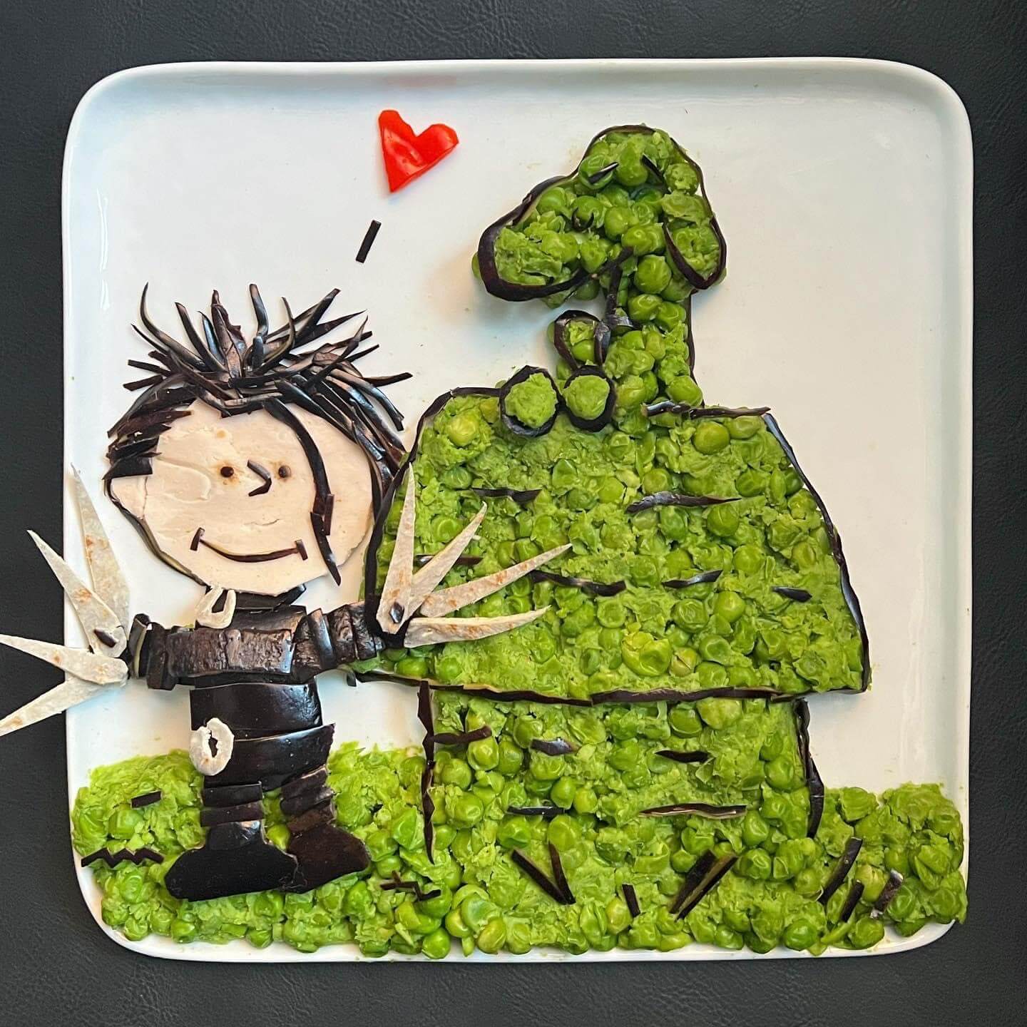 Peanuts and Edward Scissor Hands food art by Harley Langberg