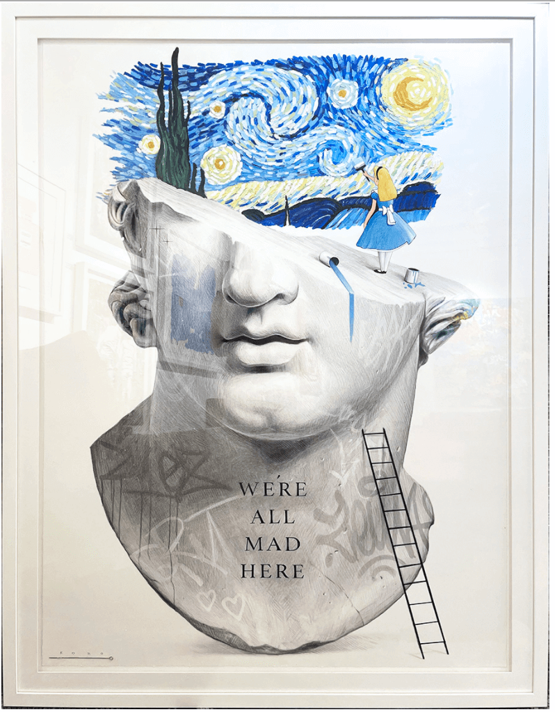 Kozo's "We're All Mad Here XL" (lithograph and tattoo Ink, acrylic and oil on paper, 54" x 40"), available at DTR Modern Galleries