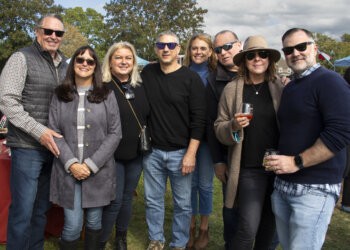 Tony and Cindy Gonzalez, Michael and Michele Shlala, Claudia Ferrara, Chris Boudouris, Diana Halton, Seth Feyler at Wolffer Estate's Harvest Party