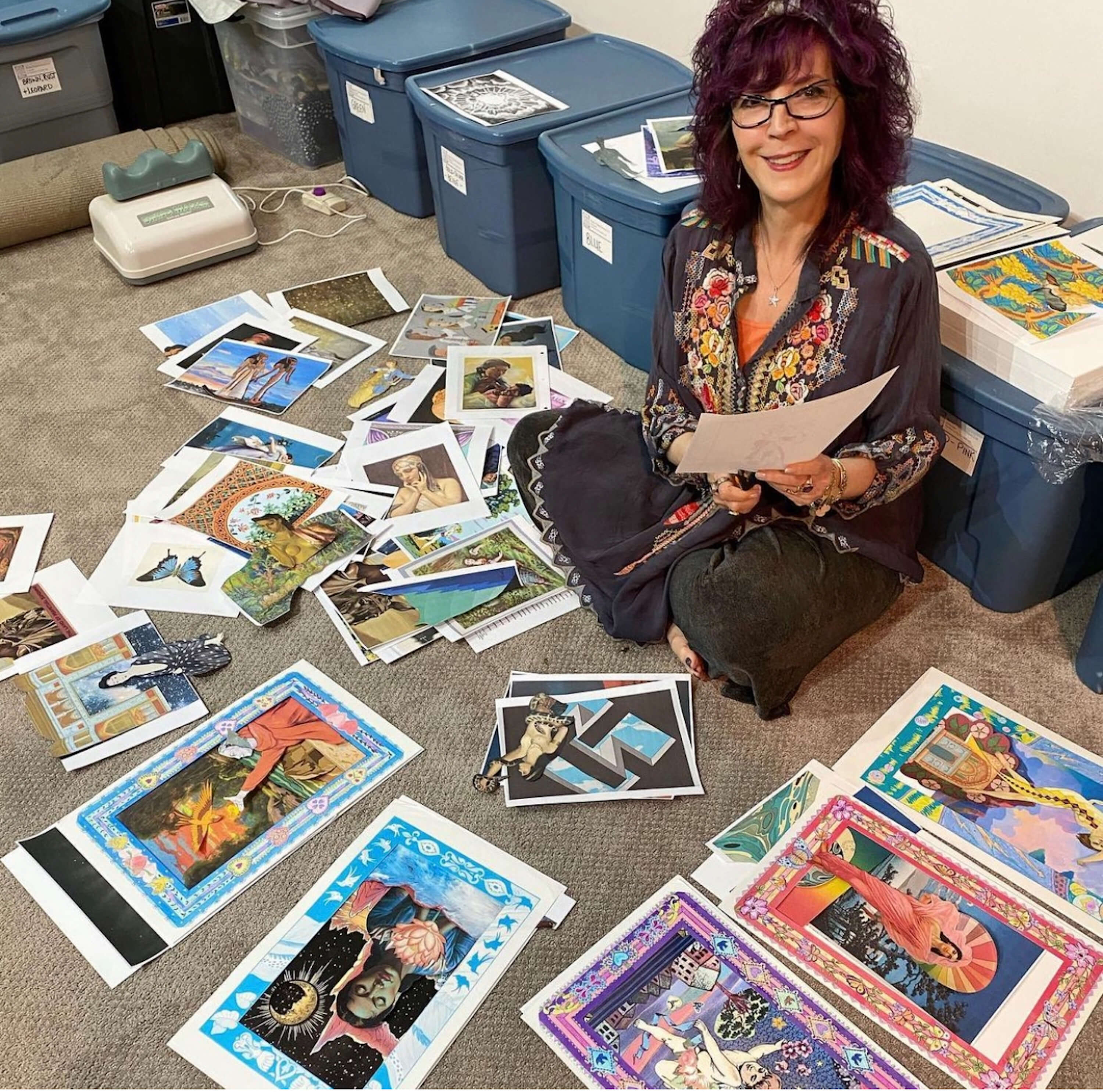 Amy Zerner creating collages in her studio