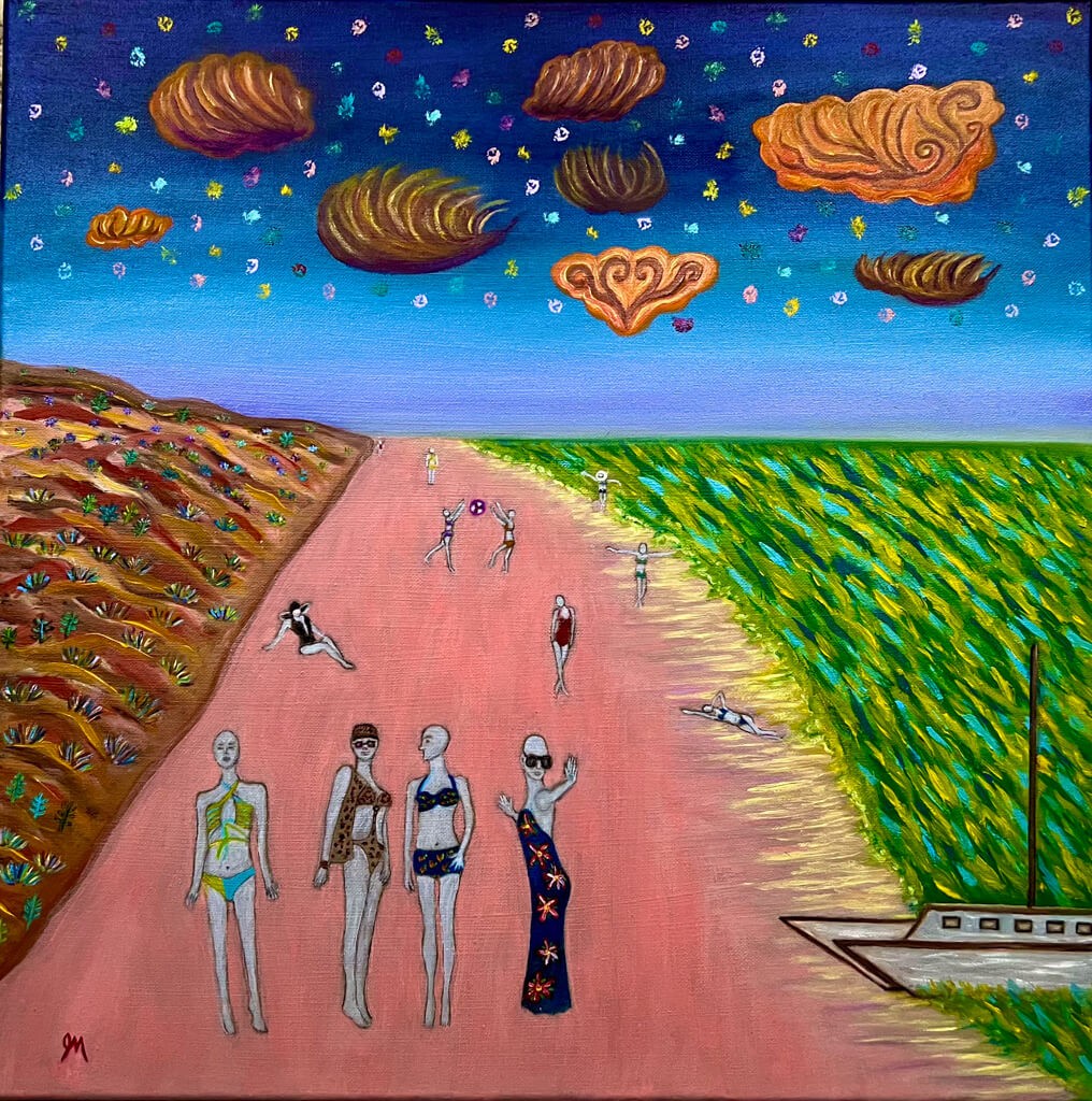 "Beauties & the Beach In the Hamptons" by John Melillo. Oil on Canvas 20 x 20 inches