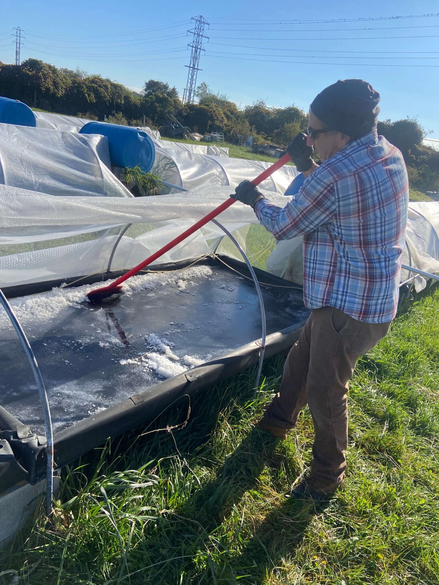 Amagansett Sea Salt owner Steven Judelson scraping hand-grown salt crystals at his farm