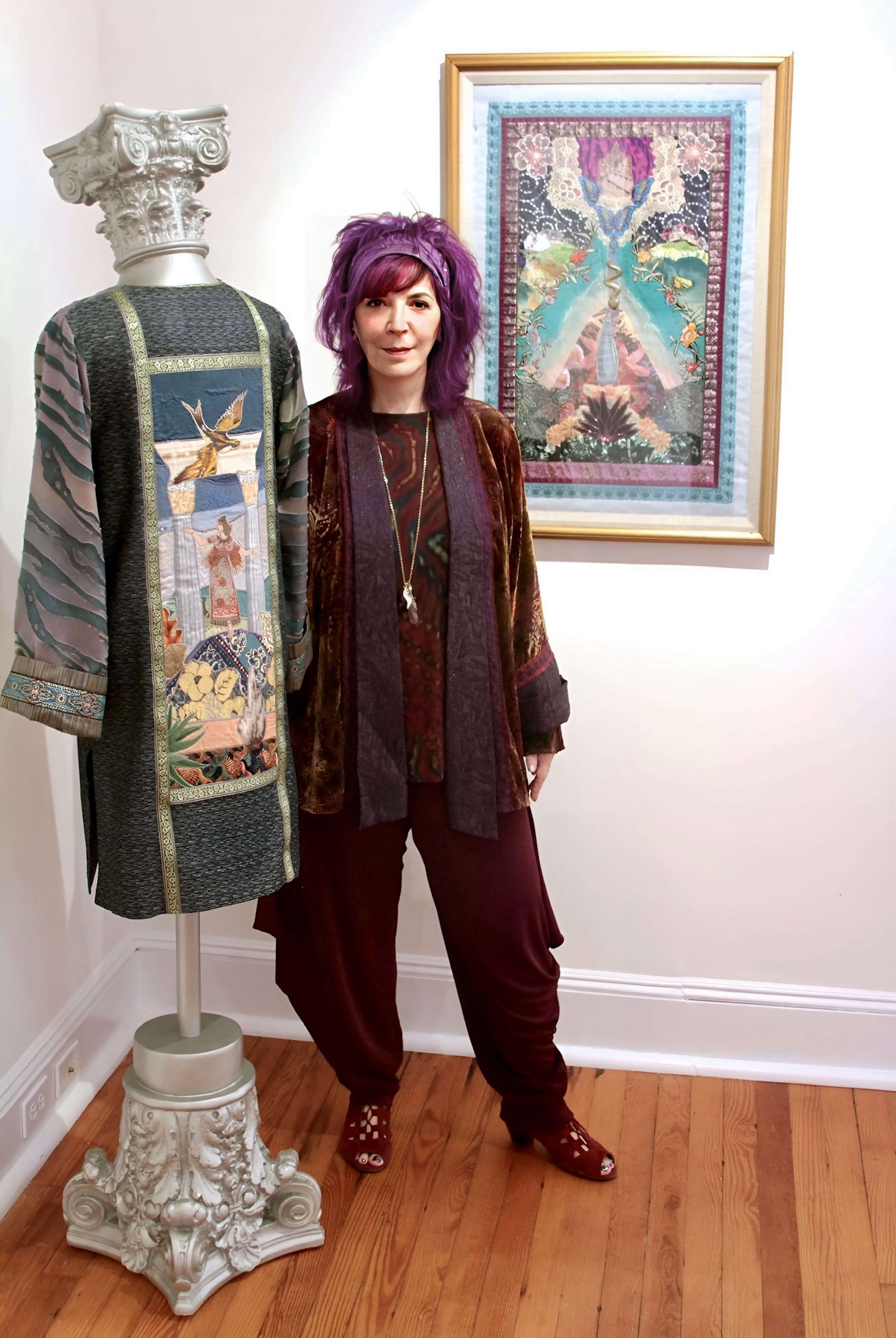 Amy Zerner with her tapestry and and art couture on display